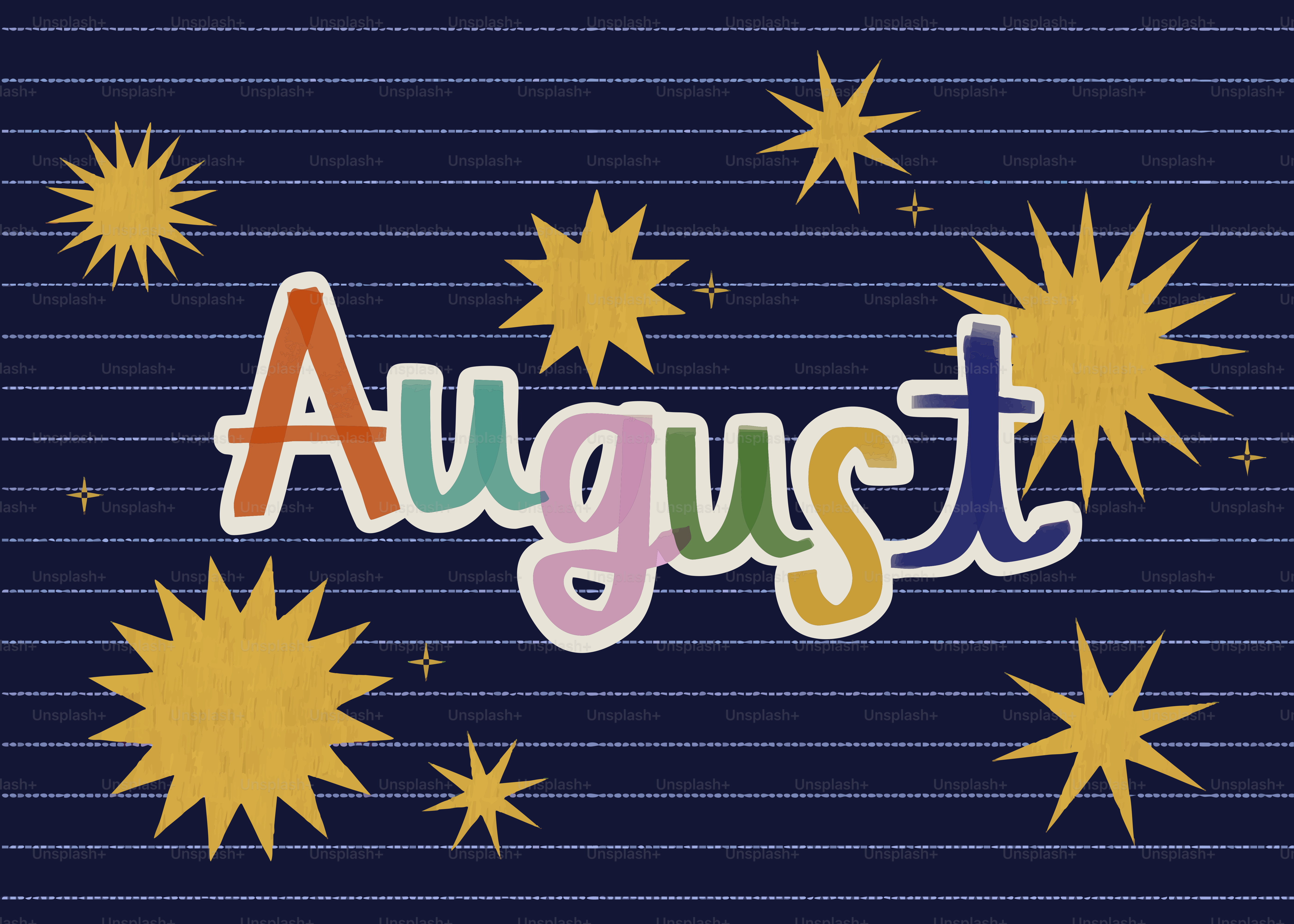 Colorful august text with sunbursts on a starry background