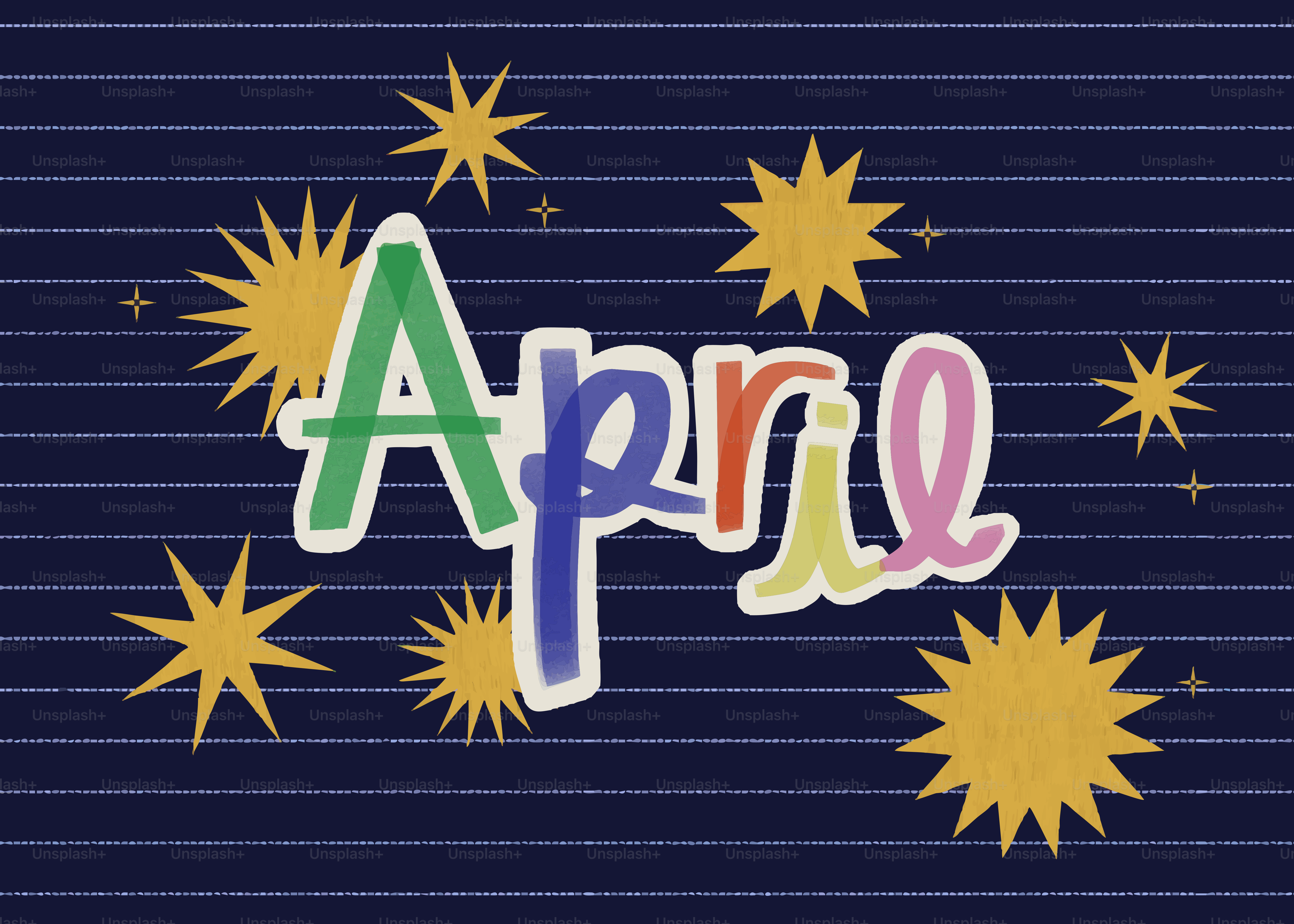The word april written in colorful letters with stars.