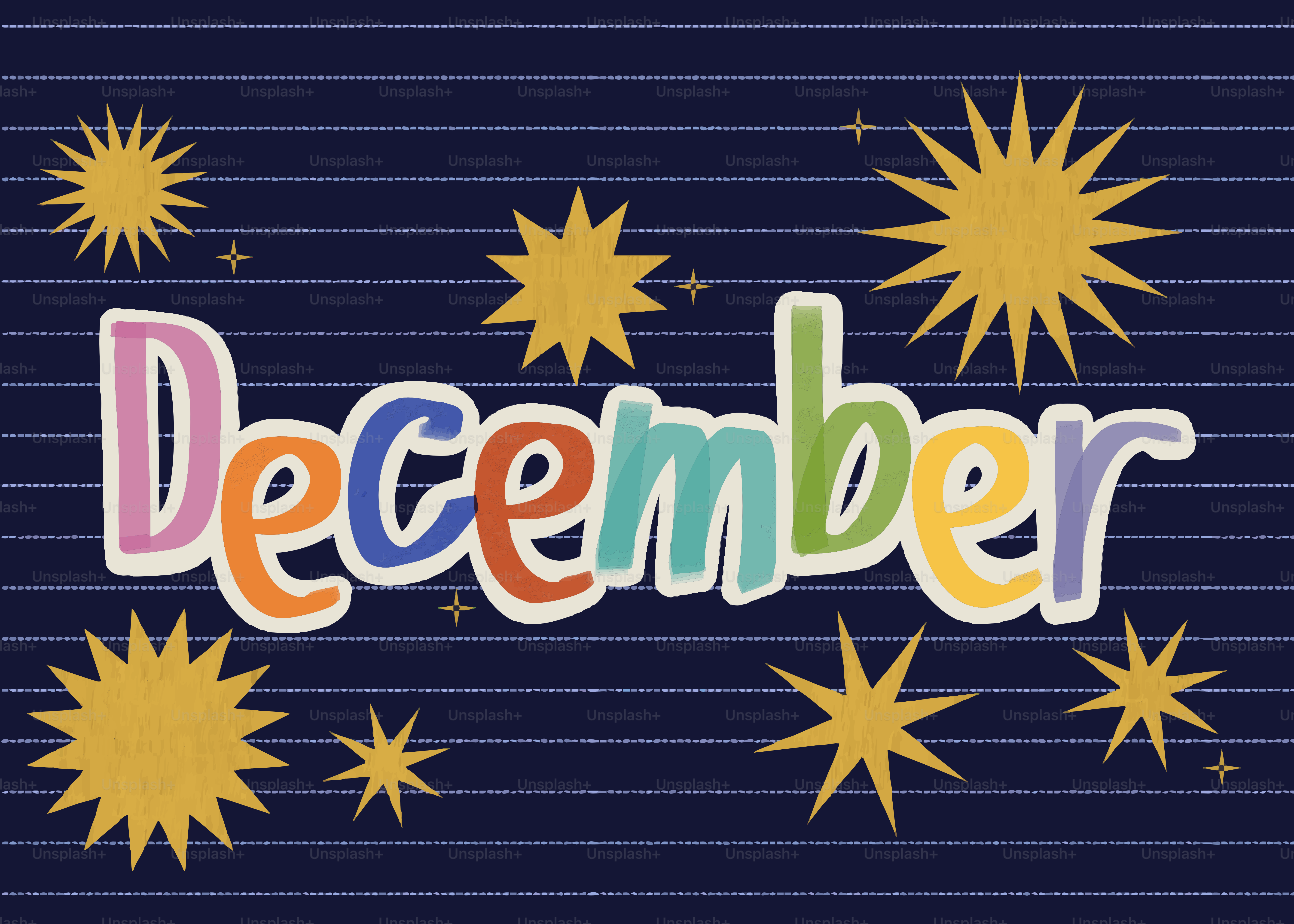 Colorful word december with yellow stars on dark background