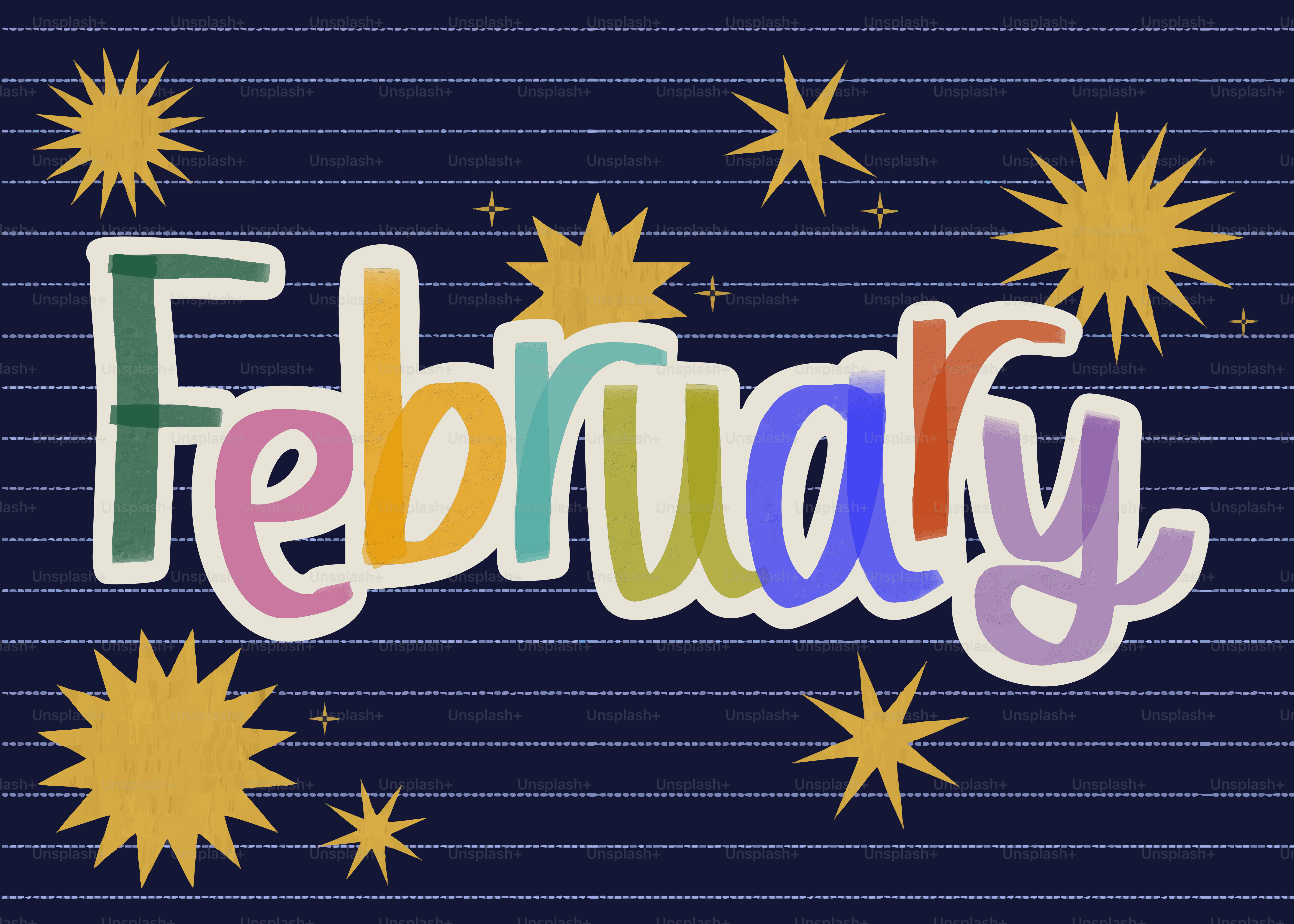 The word february in colorful letters with stars