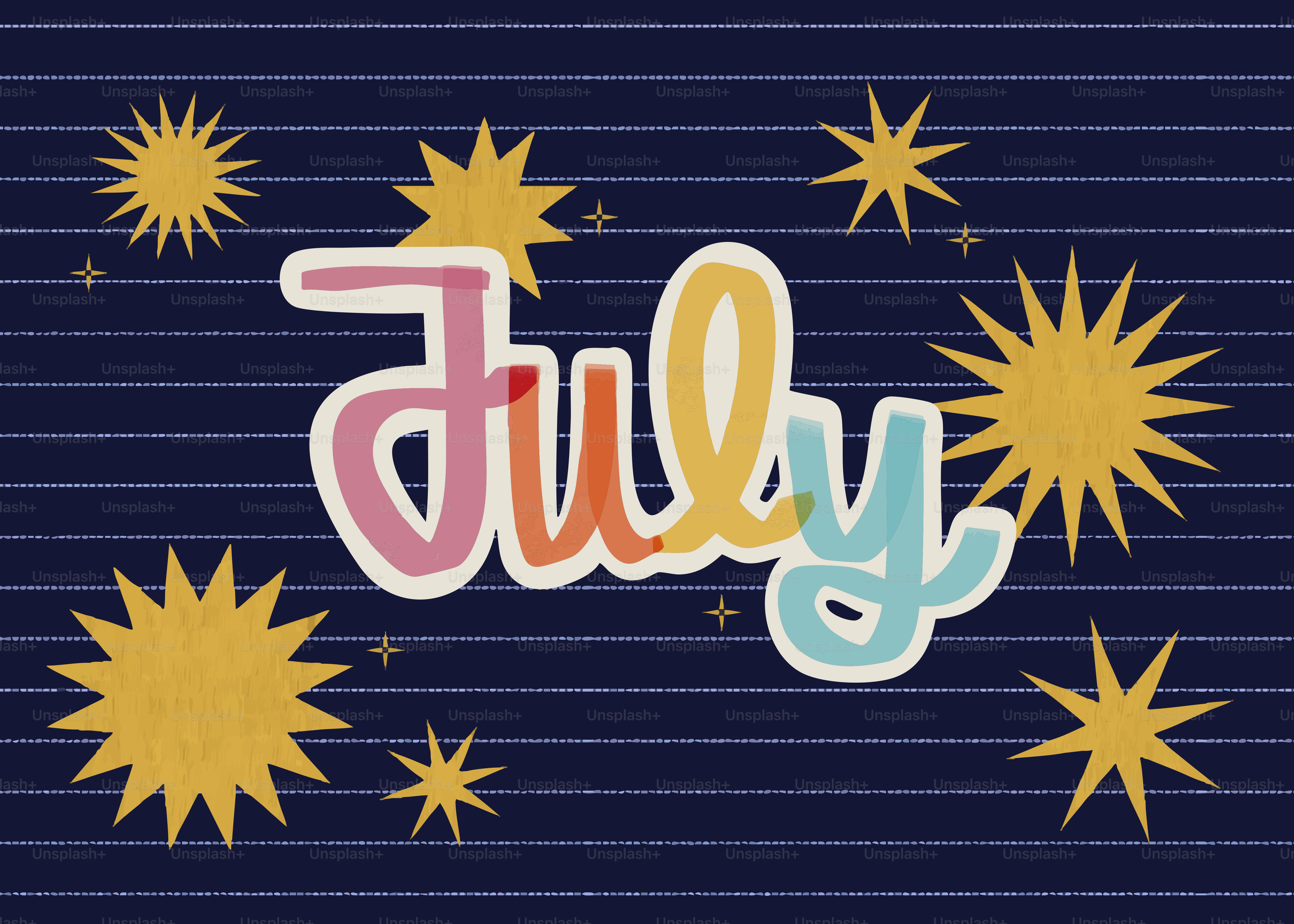 The word july with colorful lettering and yellow stars.