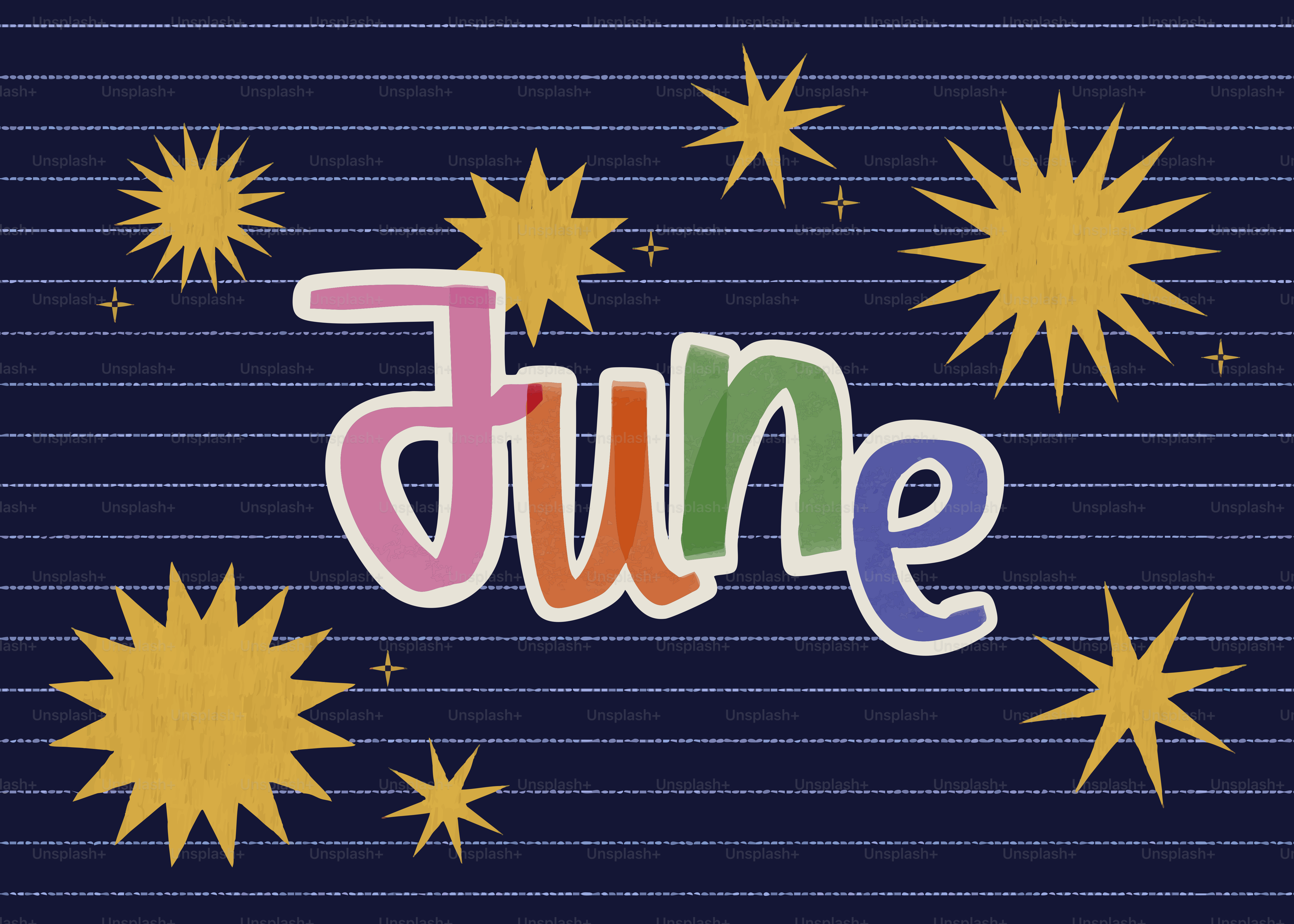The word june with colorful letters on a starry background