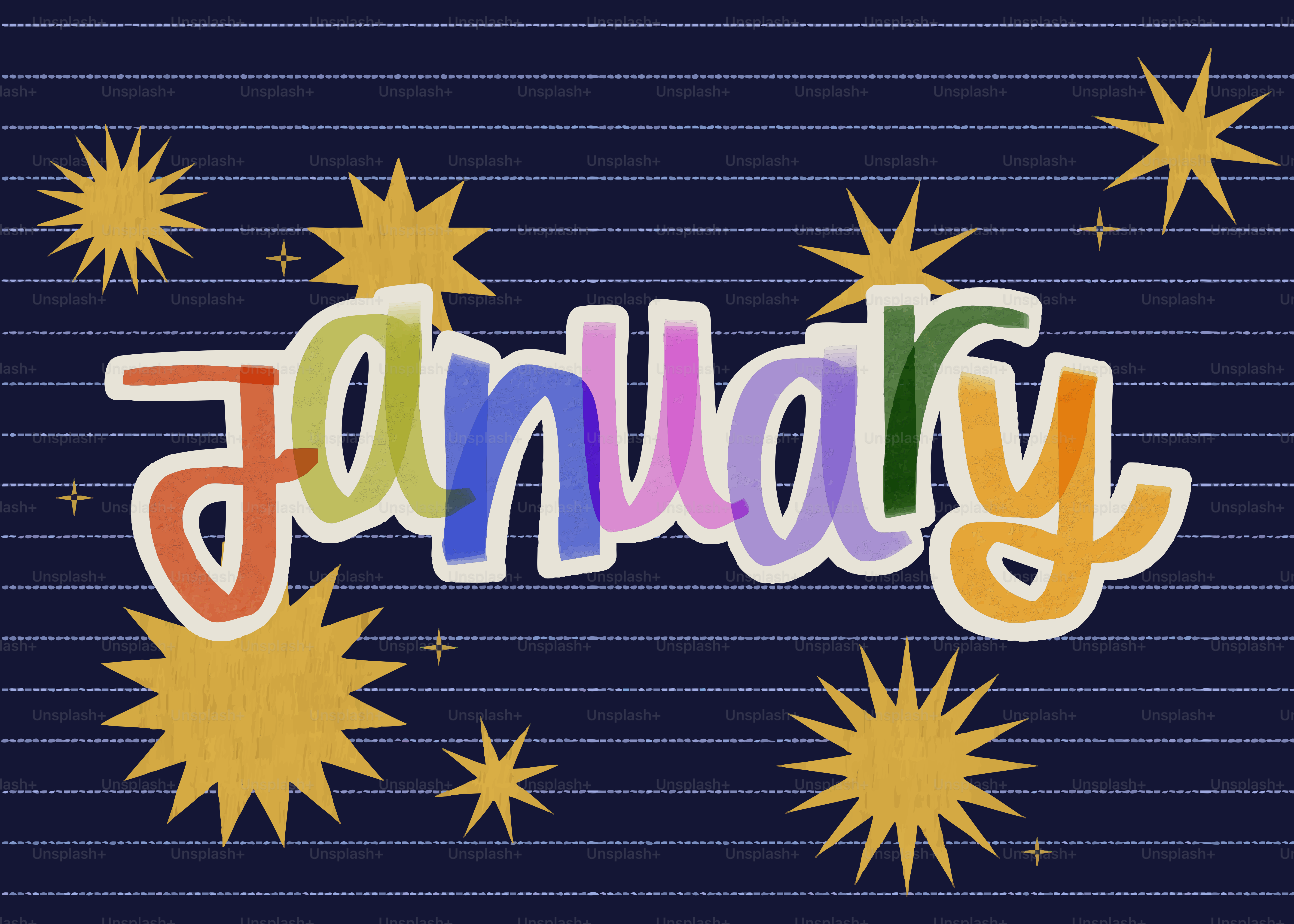 Colorful text january with stars on blue background