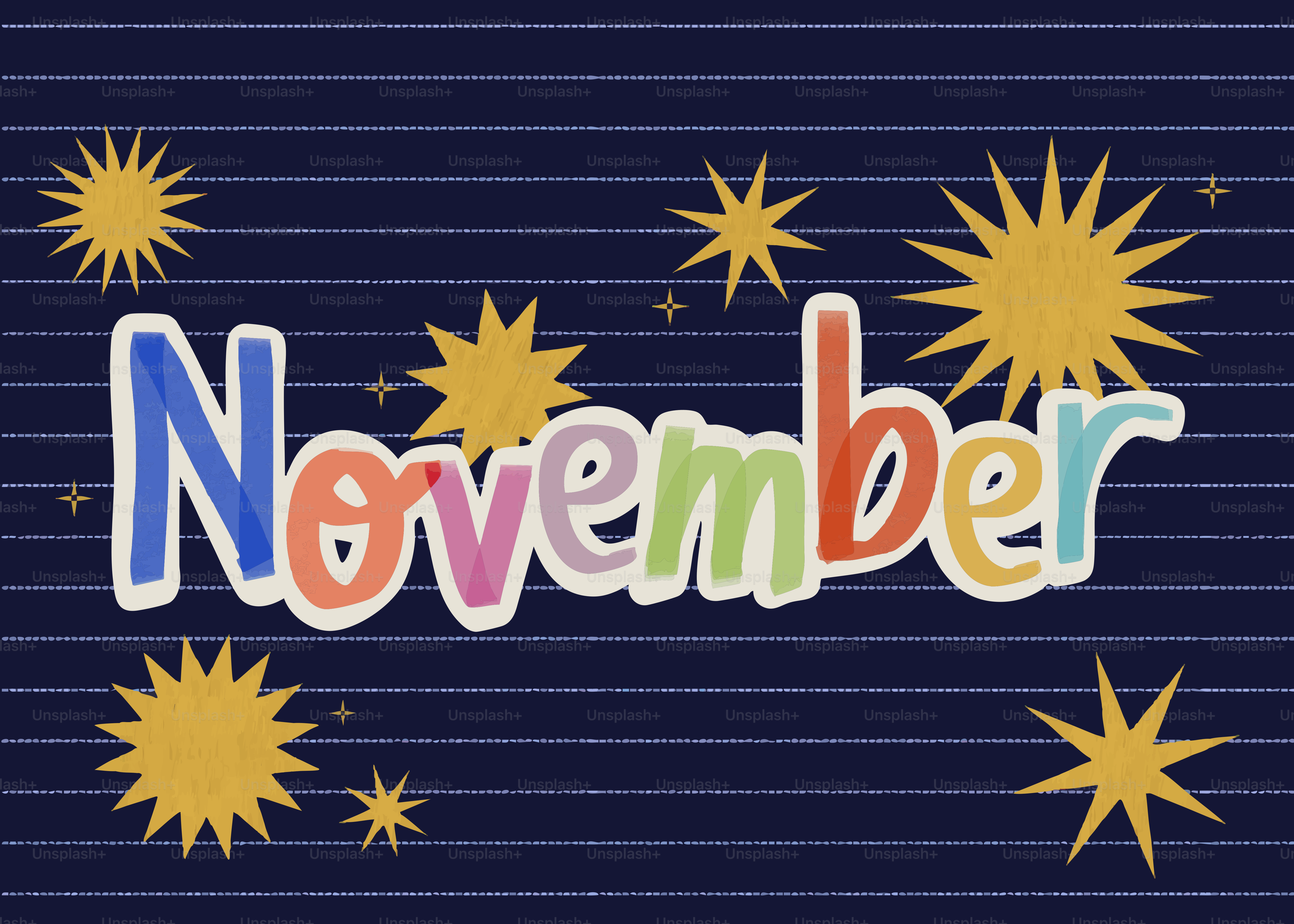 The word november with colorful letters and stars.