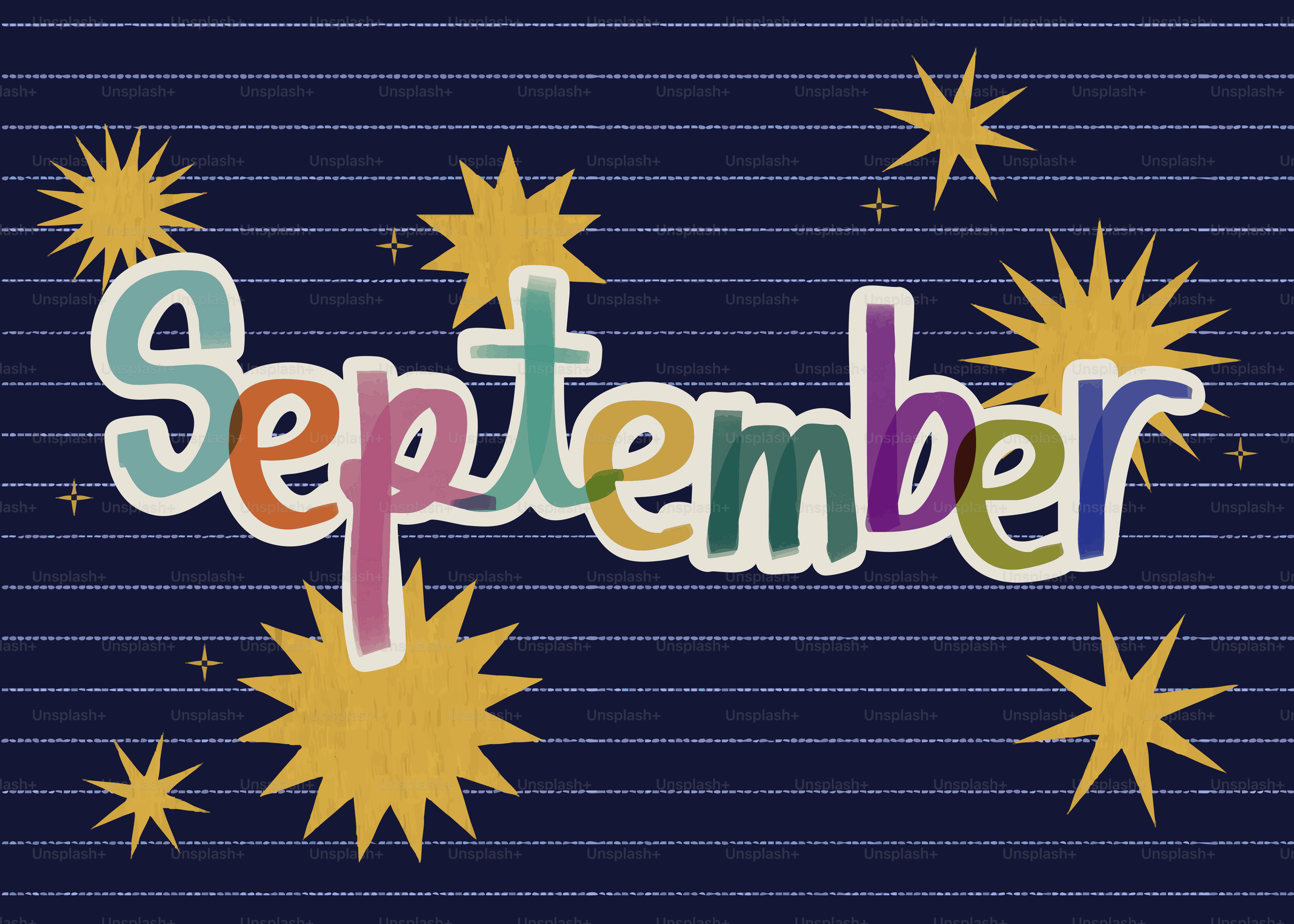 Colorful "september" text with stars on dark background