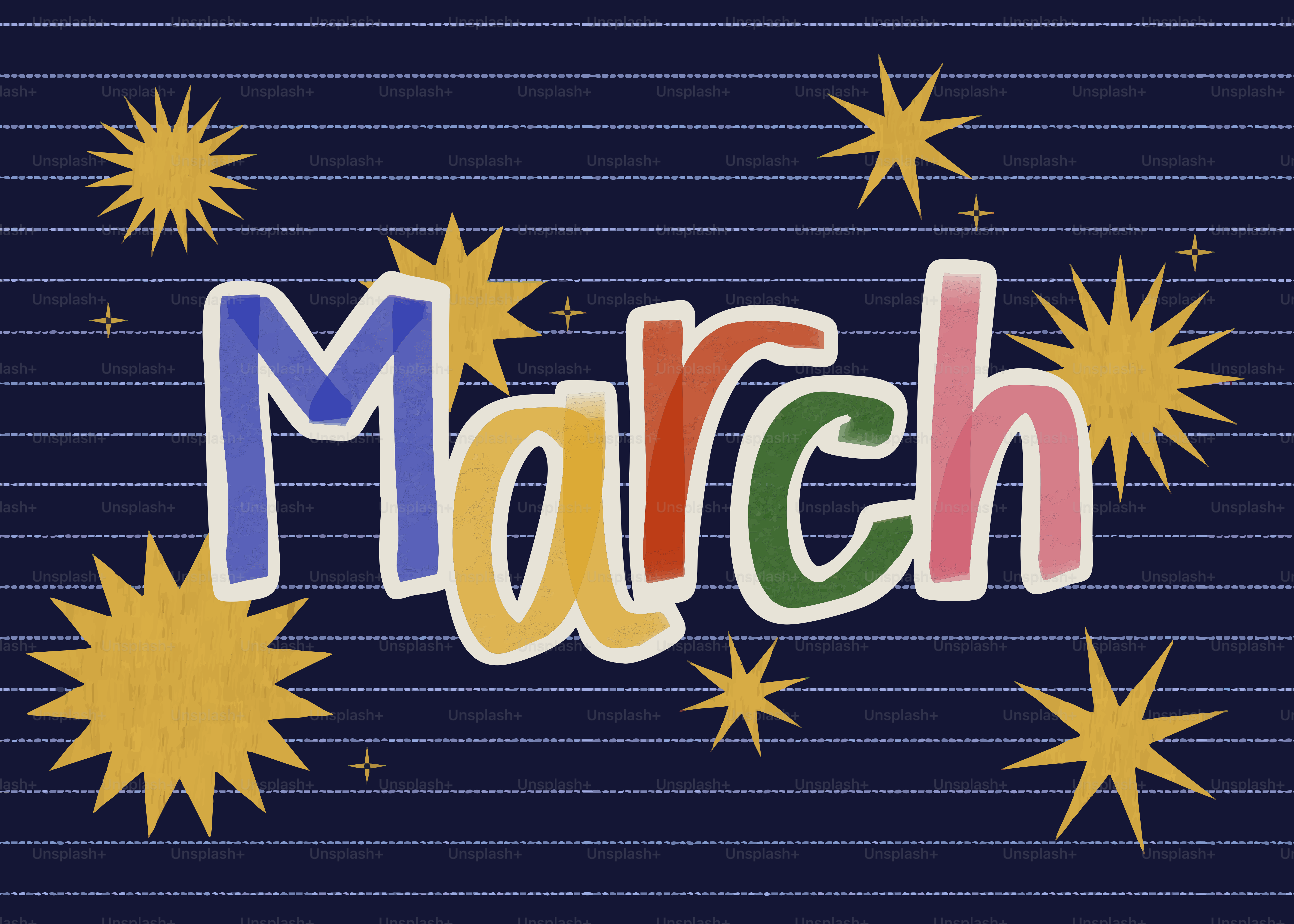 The word march written in colorful letters with stars.
