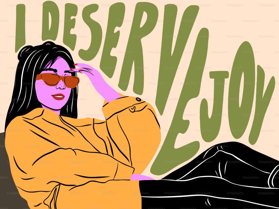 Mujer con gafas de sol con cara de sí misma, mensaje dice que merezco alegría