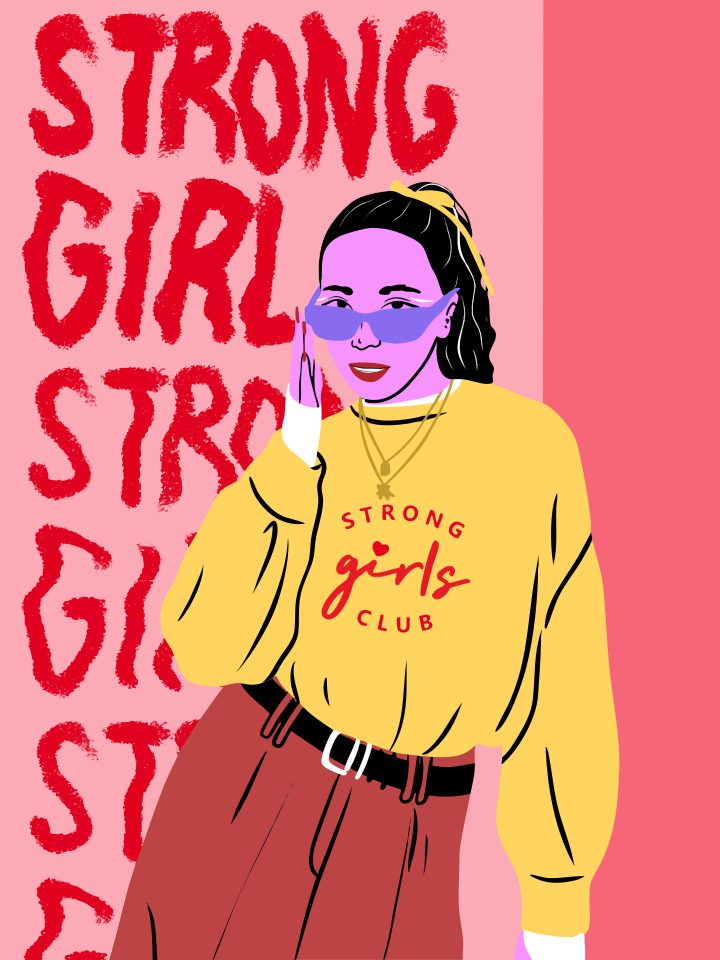 Woman in sunglasses and yellow sweater with text.