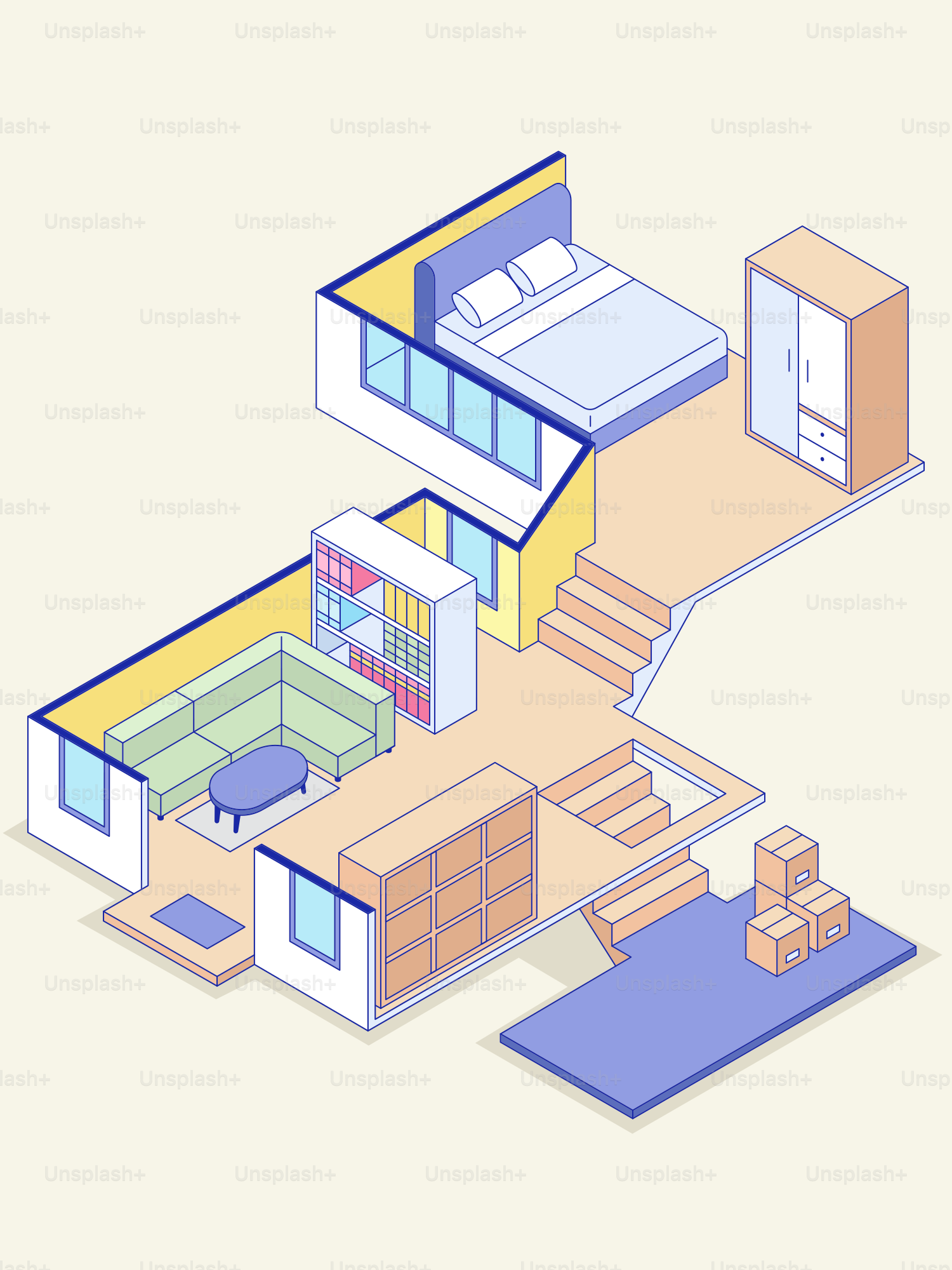 Isometric view of a multi-level apartment interior.
