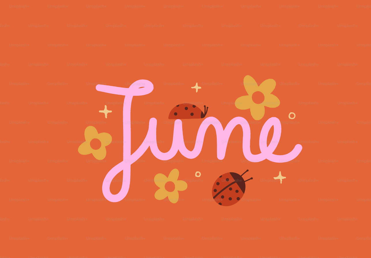 Junio con mariquitas y flores sobre fondo naranja