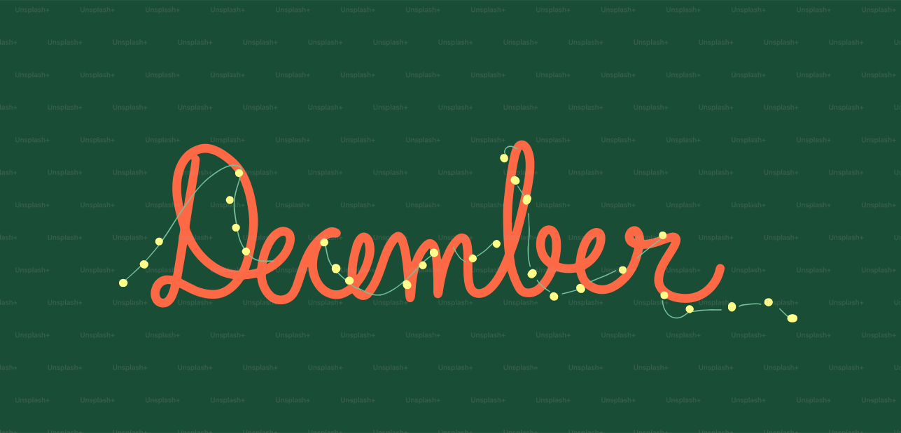 Texto de diciembre con luces festivas de hilo