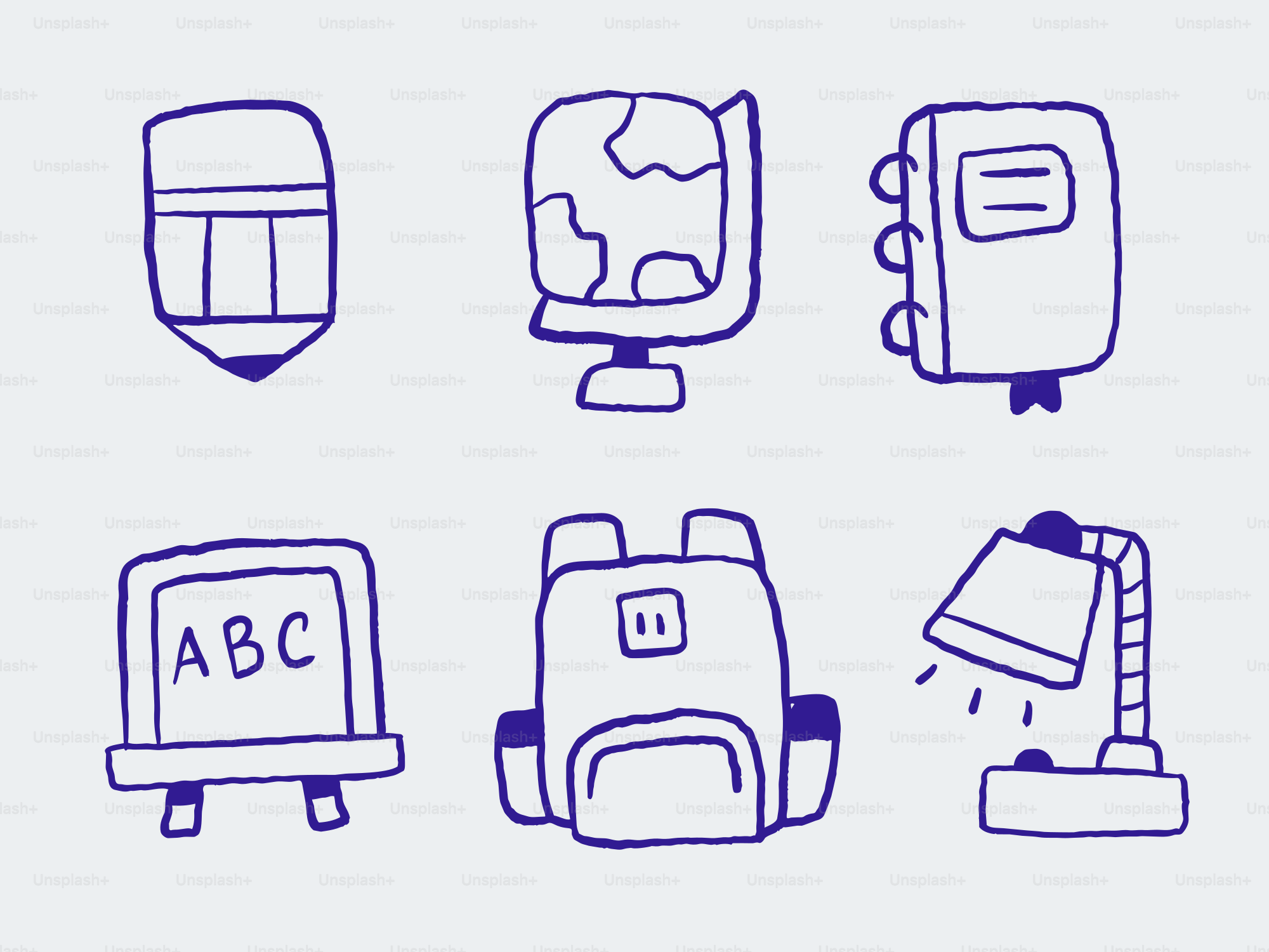 Schulmaterialien wie Bleistift, Globus, Buch, Tafel, Rucksack, Lampe.