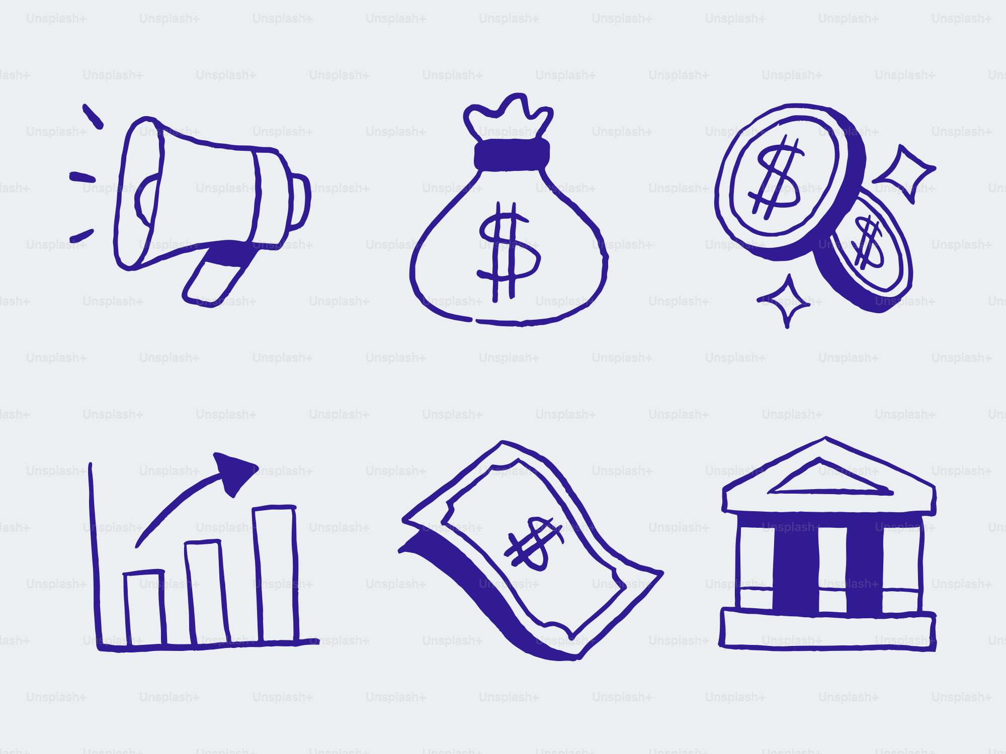 Kritzel-Symbole von Finanz- und Geschäftselementen.