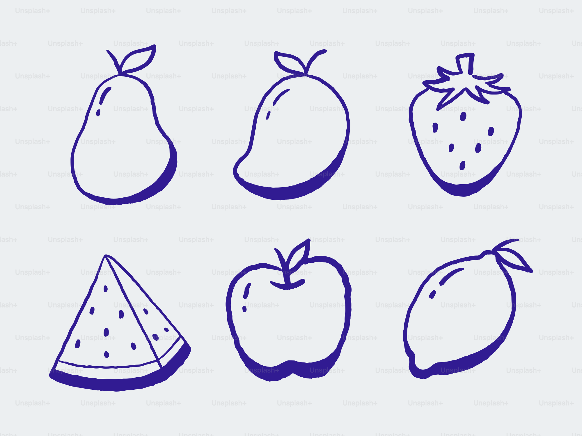 Sammlung handgezeichneter Früchte: Birne, Mango, Erdbeere, Wassermelone, Apfel, Zitrone