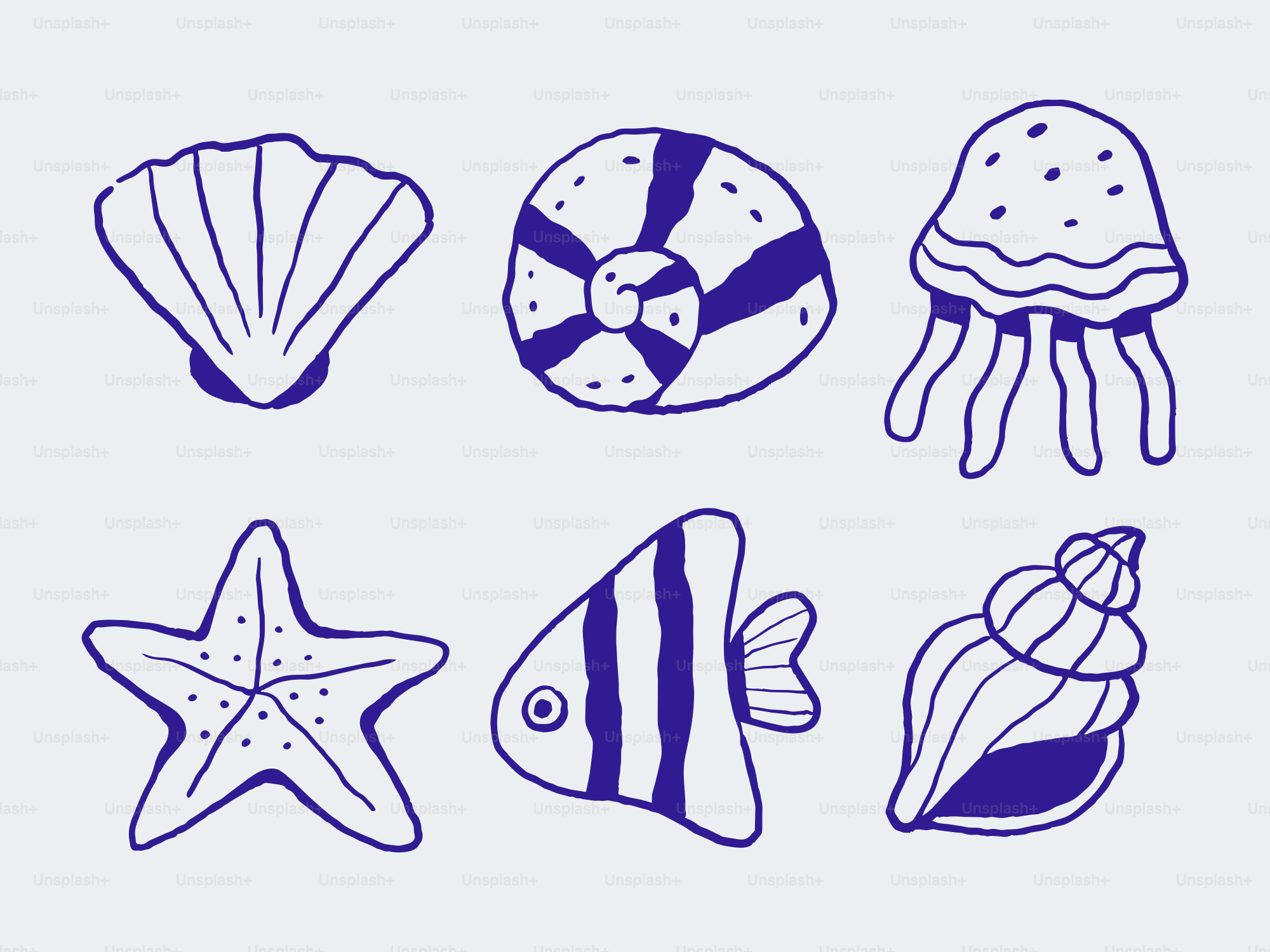 Six hand-drawn blue marine life illustrations on a white background