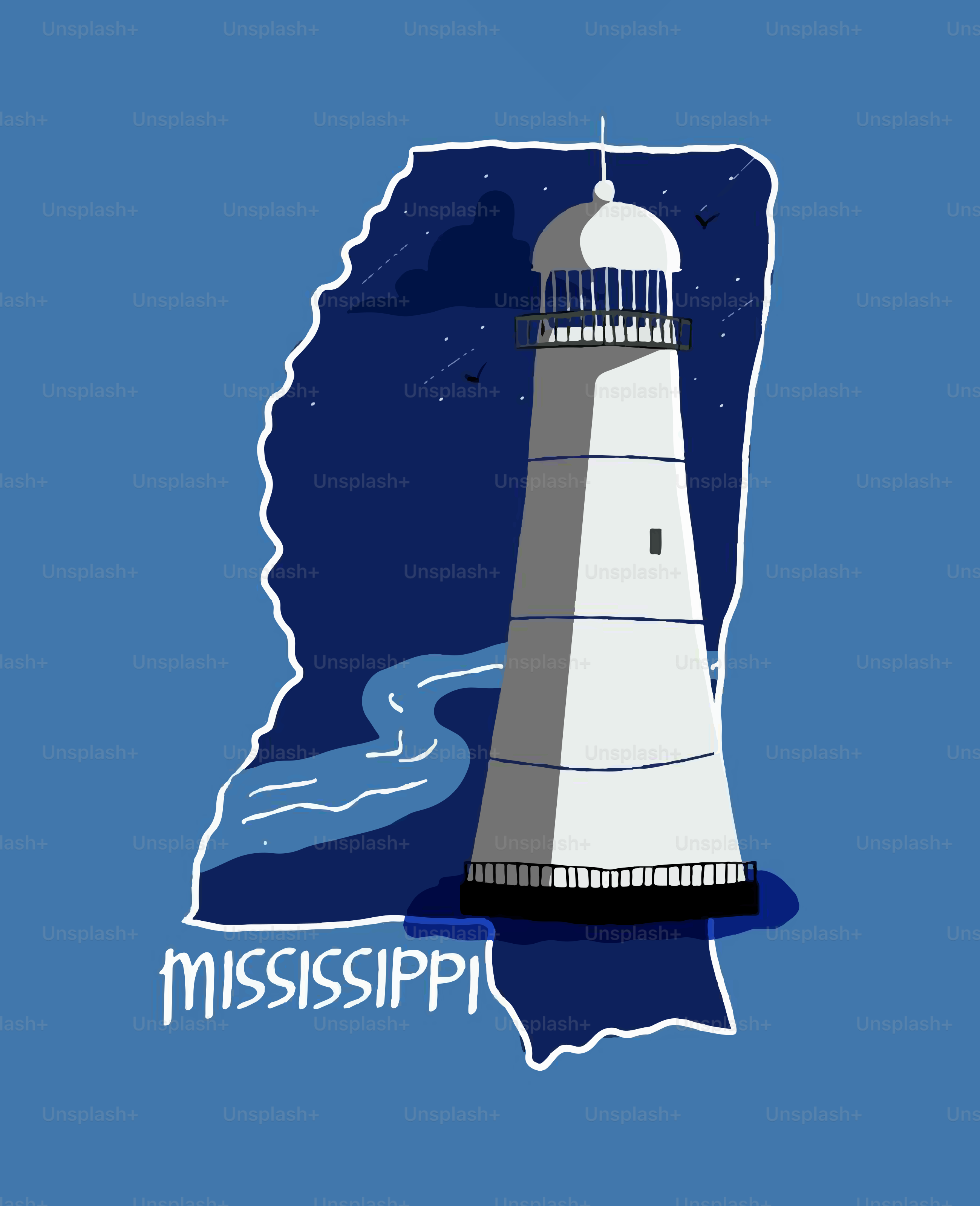 Lighthouse in mississippi outline with a river and stars.