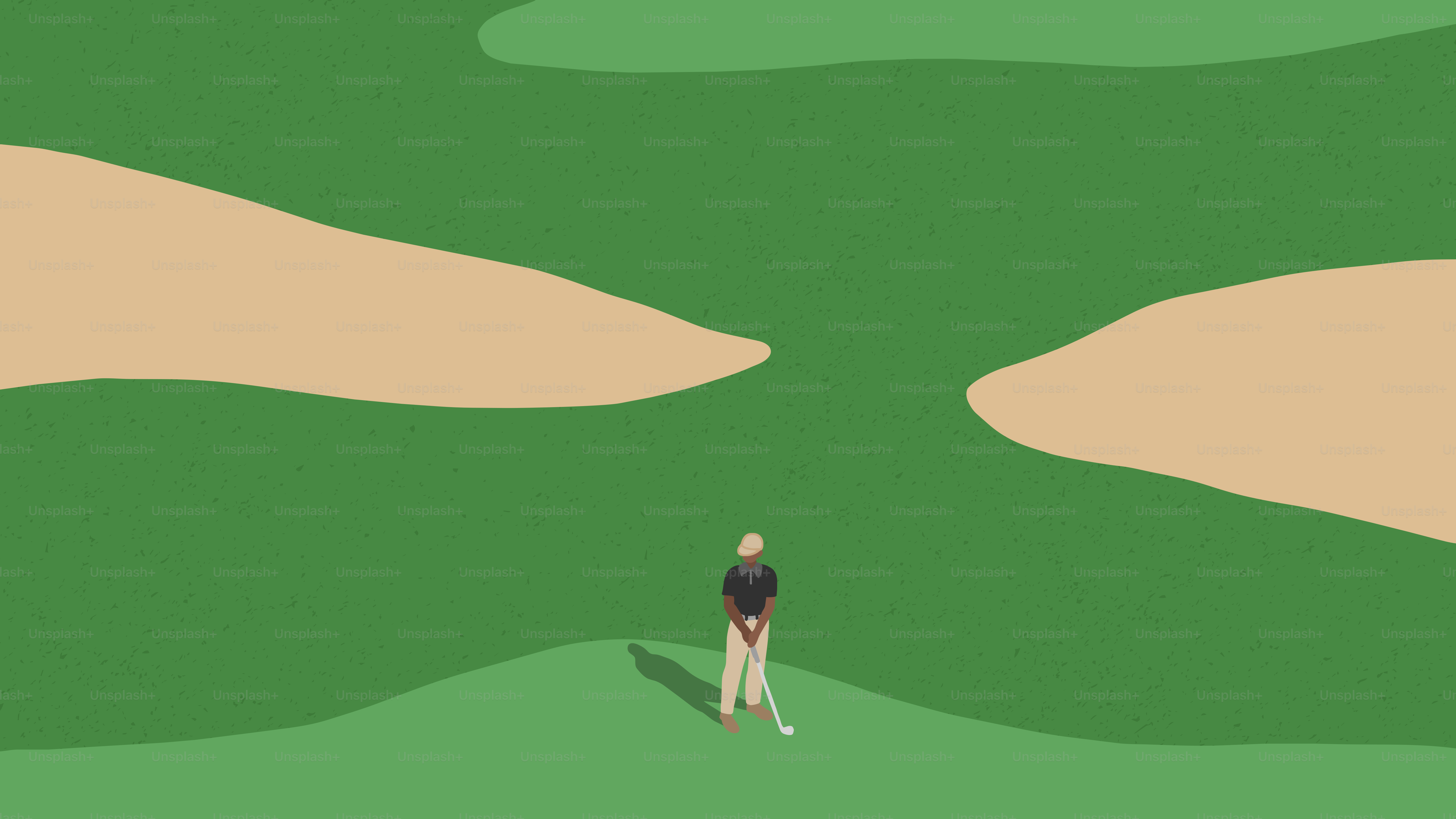 Golfer stands on a green with sand traps.