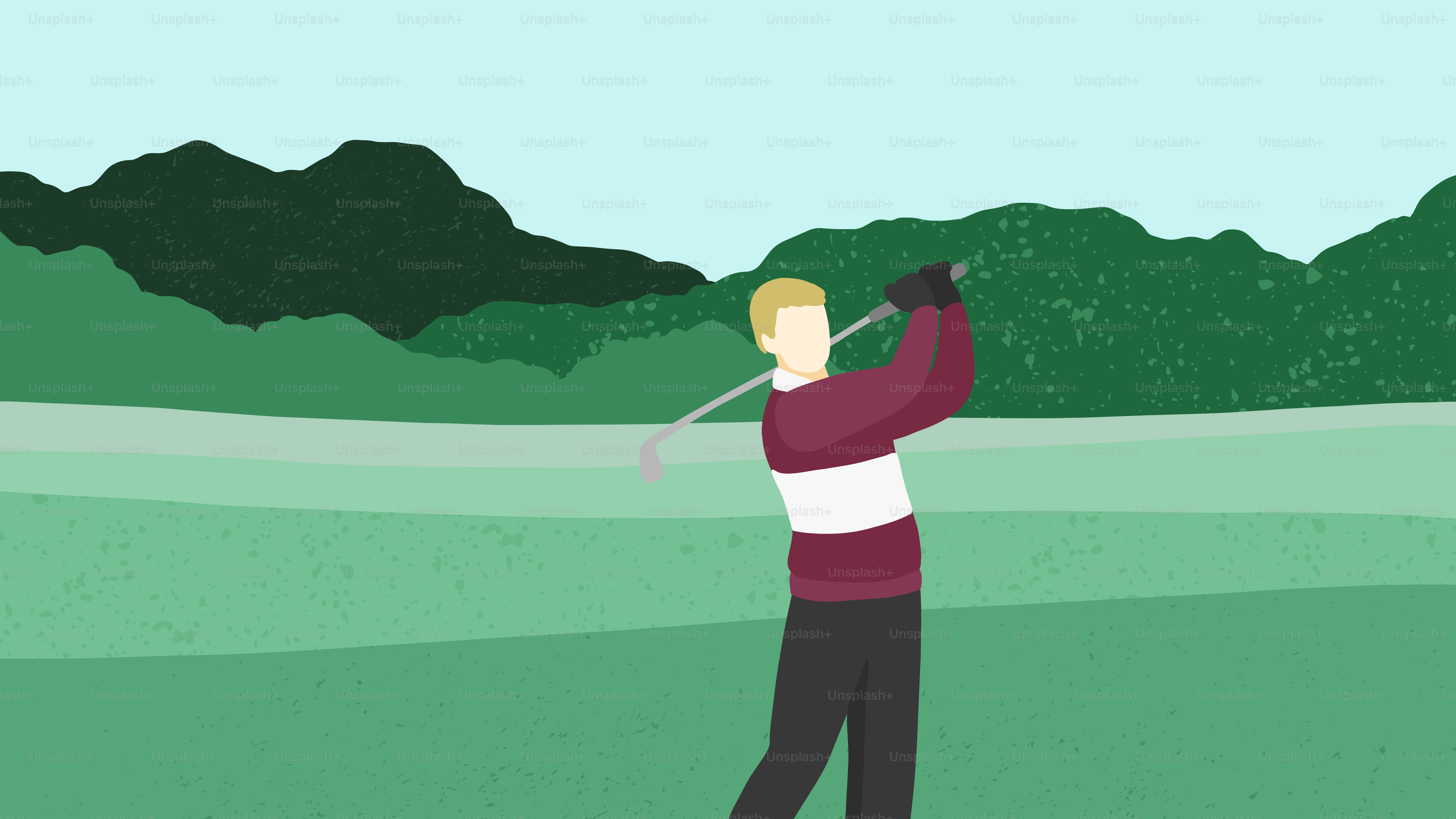 Golfer swinging club on a green course