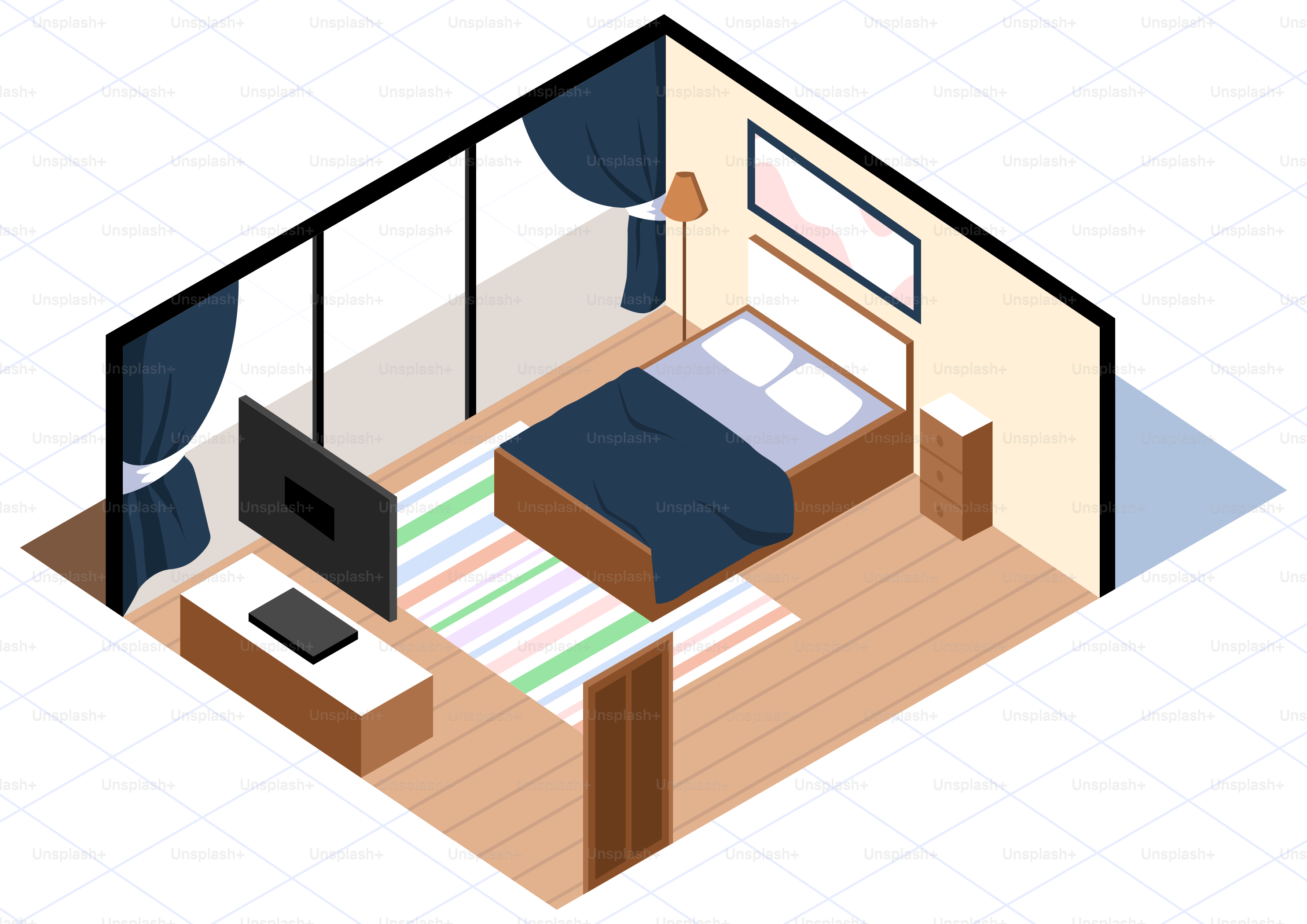 Un dormitorio moderno con cama y televisión.