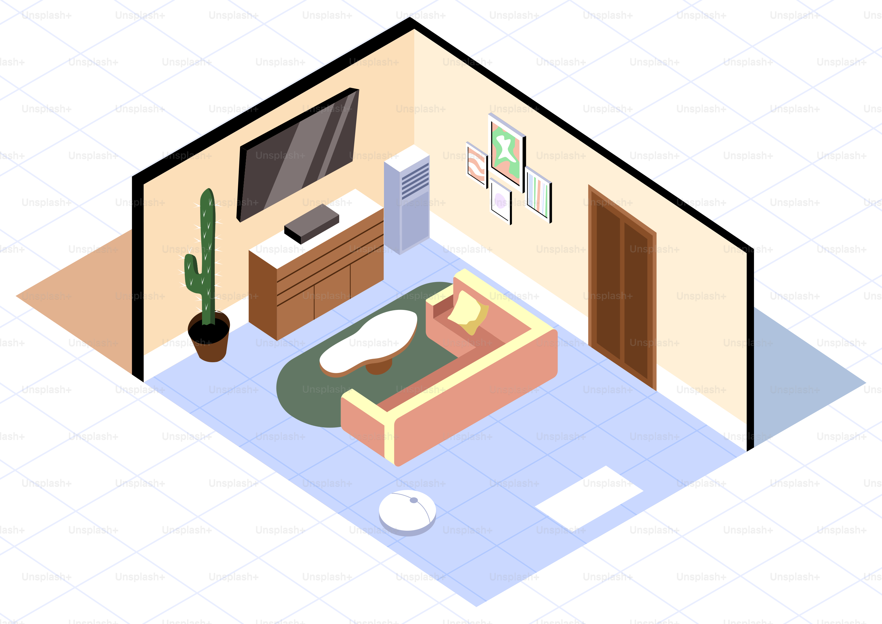 Un salón moderno con sofá y televisión.