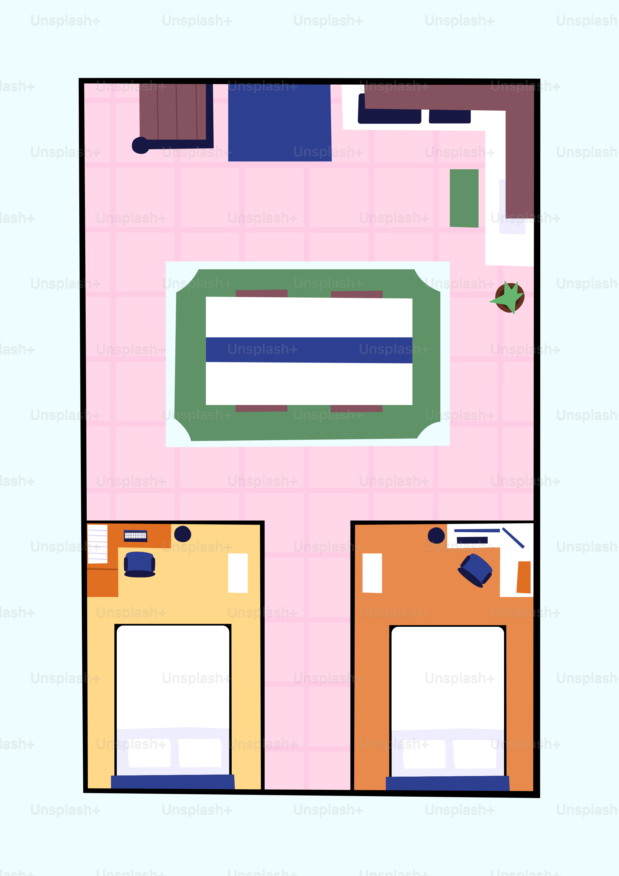 Floor plan of a room with two beds