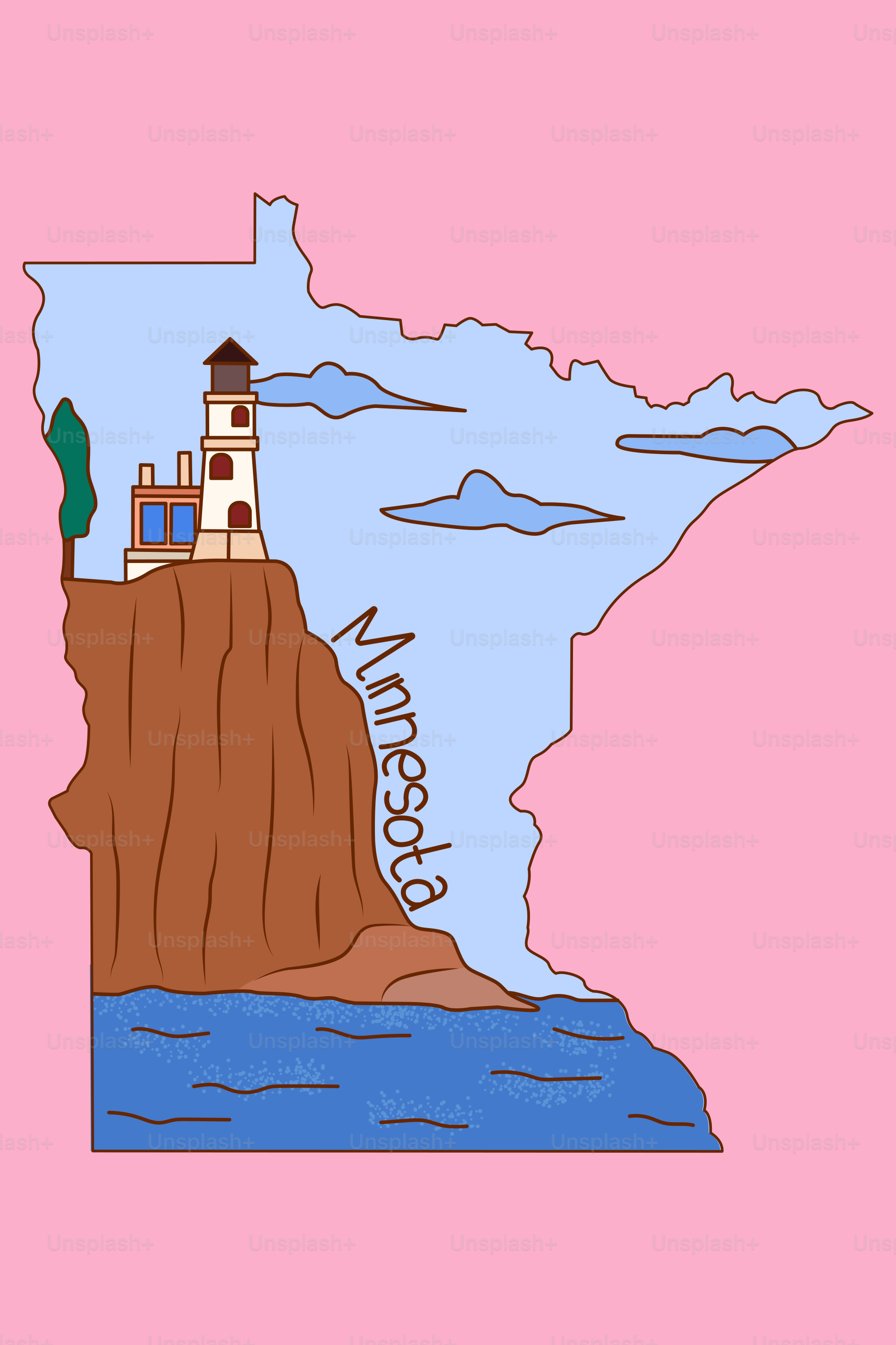 Minnesota outline with lighthouse on cliff overlooking water
