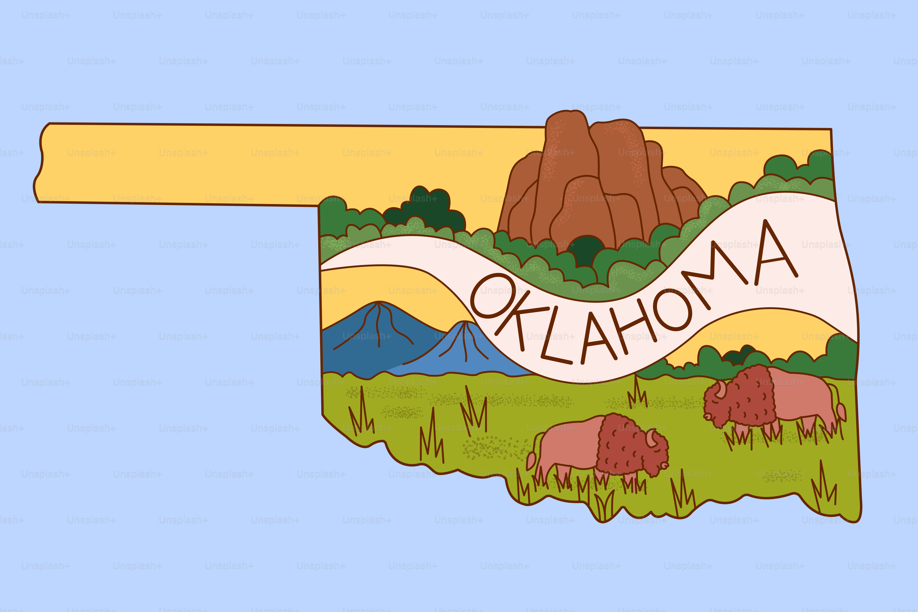 Oklahoma outline with landscape and bison