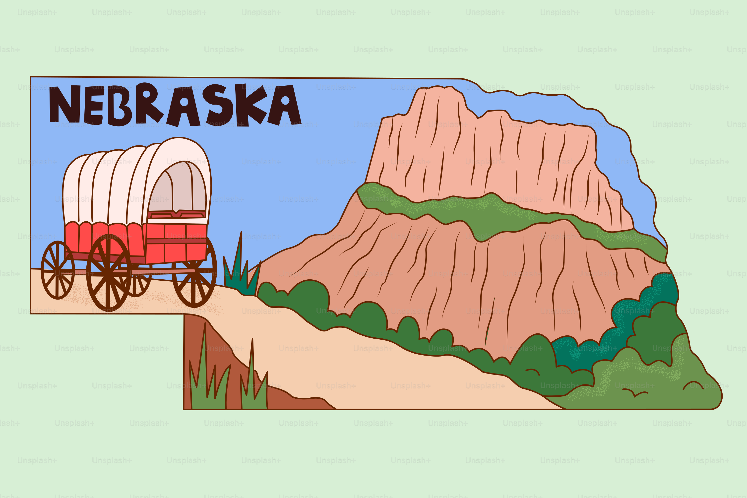 Nebraska outline with covered wagon and rocky landscape.