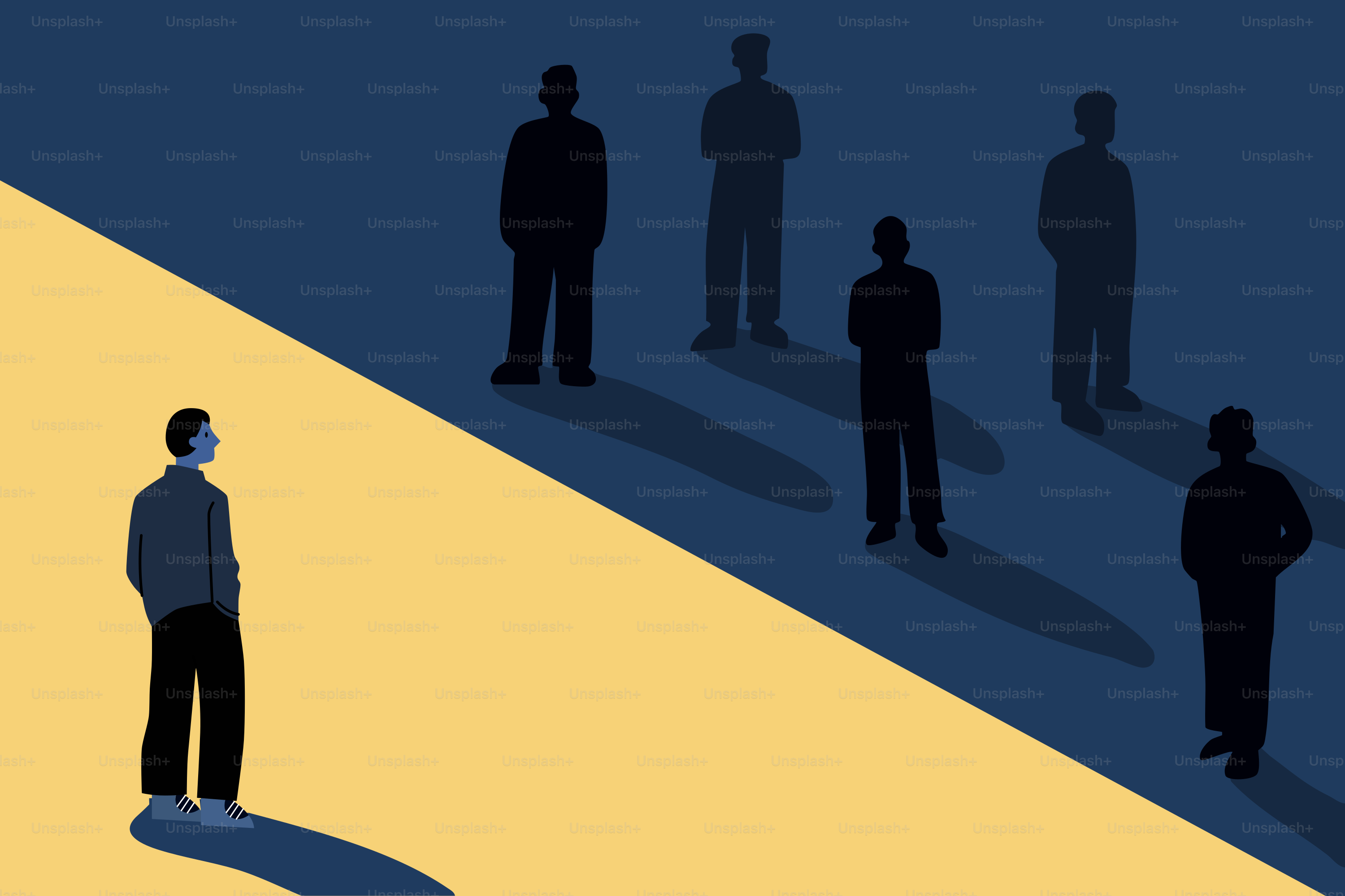 A lone figure stands in light, facing shadows.