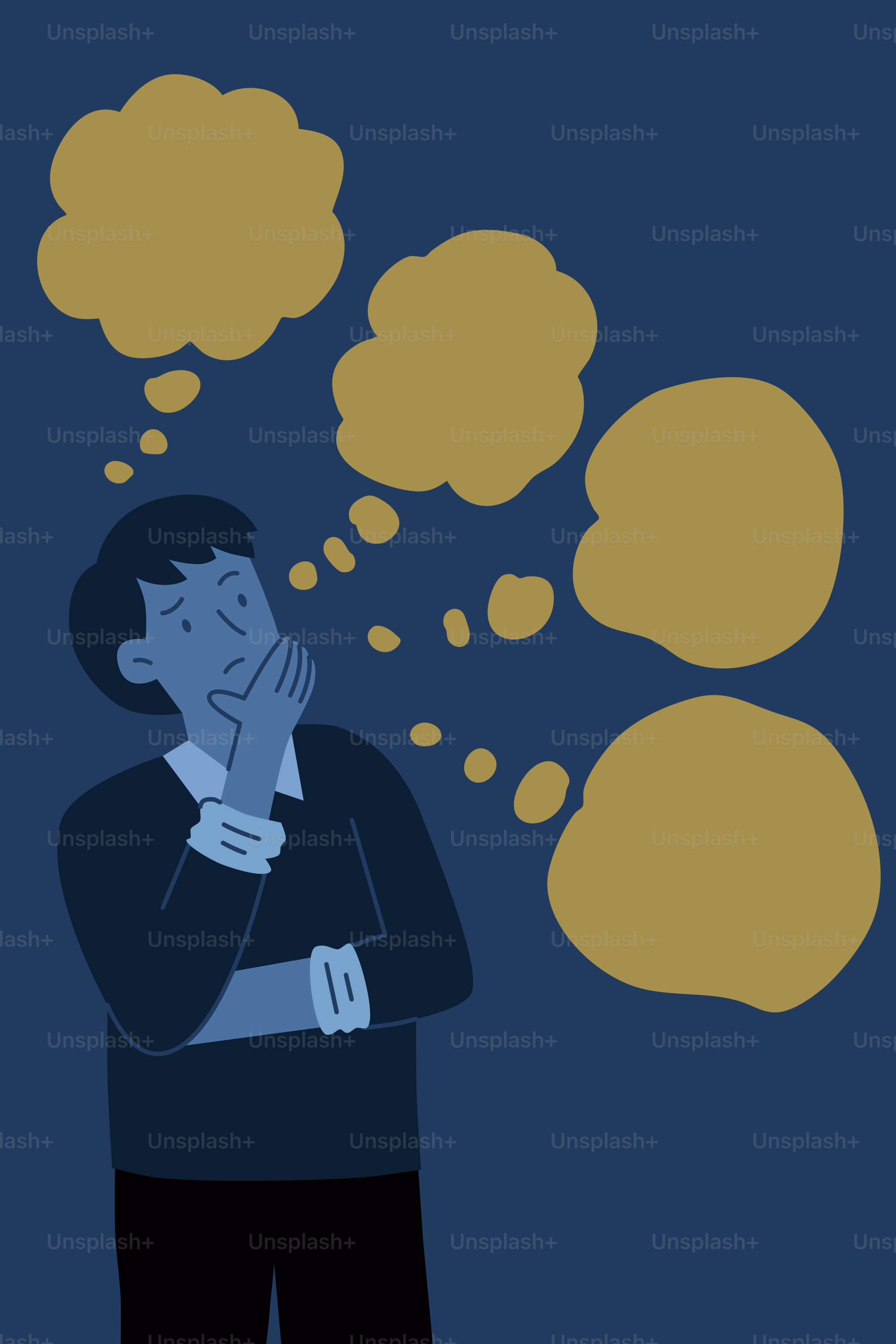 Man with thought bubbles contemplating ideas