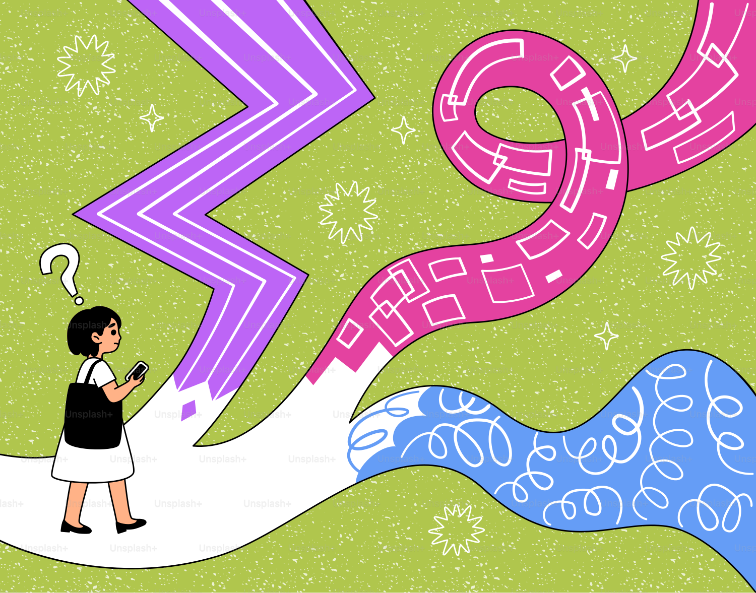 A girl with a phone looks at branching paths.