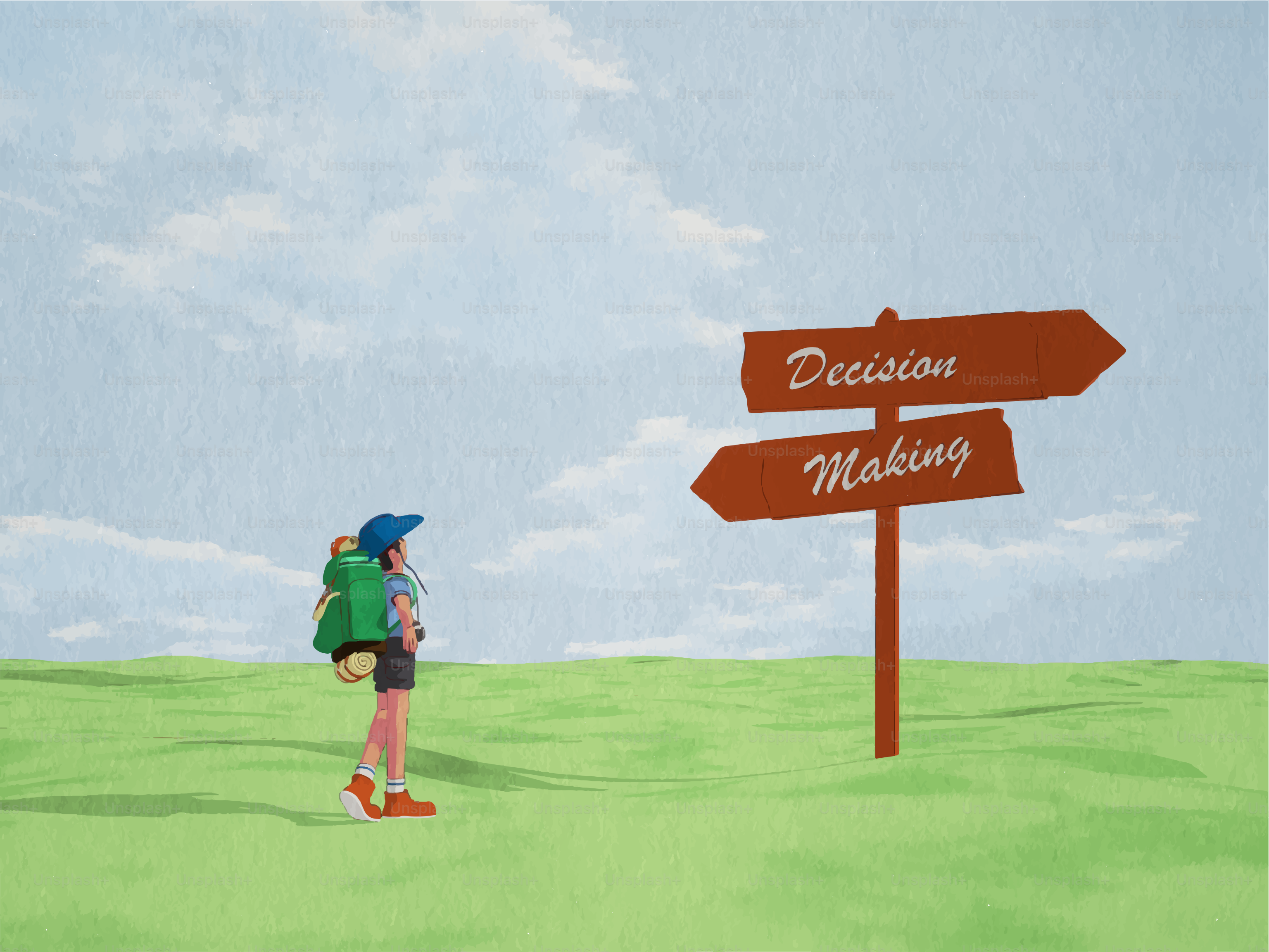 Person at crossroads with decision making sign