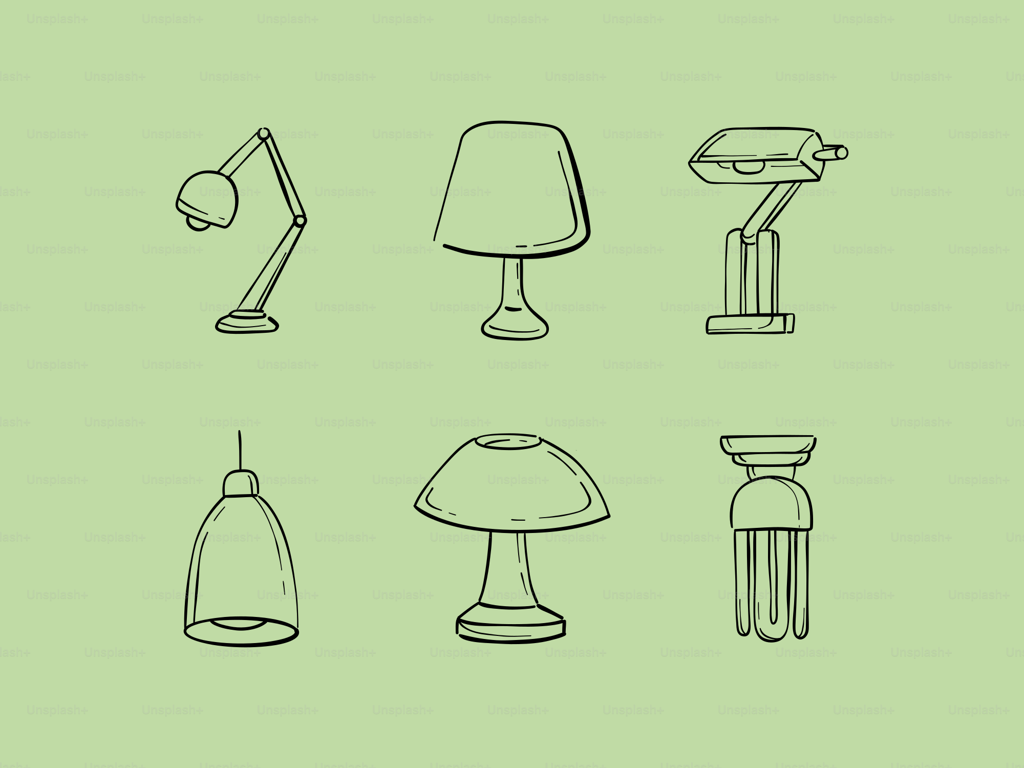 Six different types of lamps on a green background
