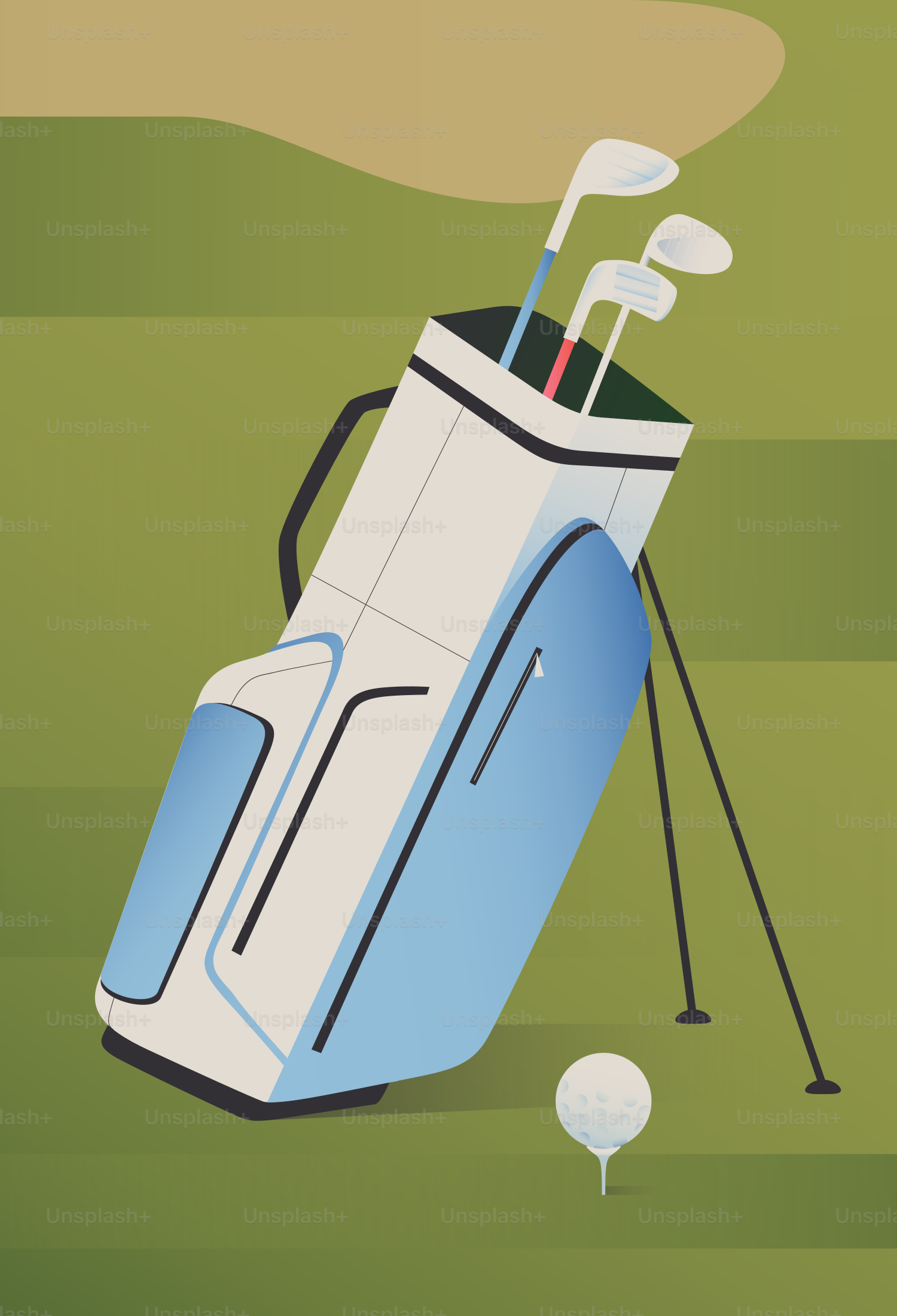 Golf bag with clubs and ball on tee