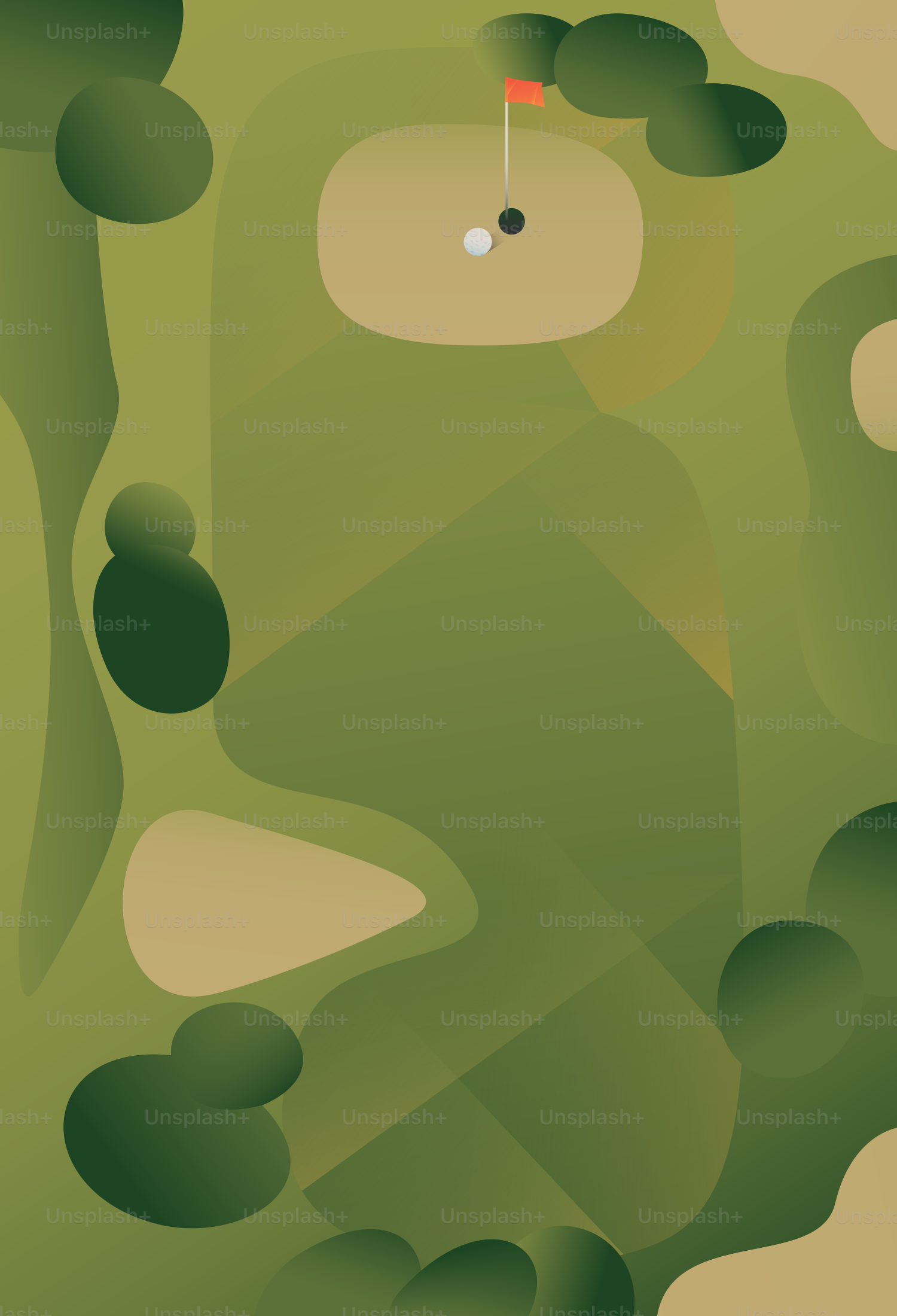 Golf course with flag, ball, and sand trap.