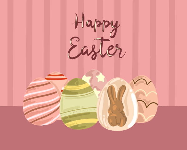 Buona Pasqua con uova decorate e coniglietto di cioccolato