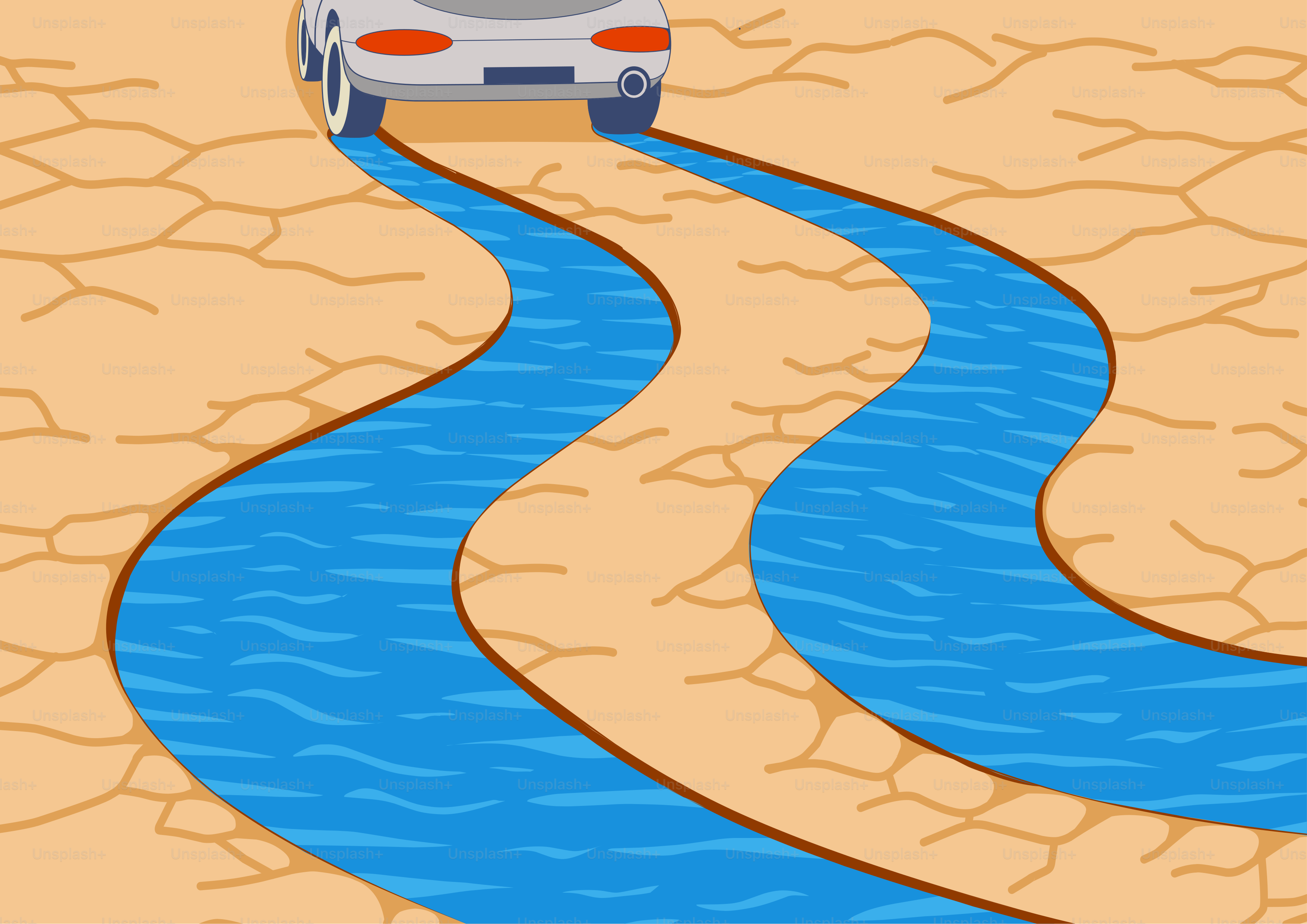 A car drives on a desert road with water streams.
