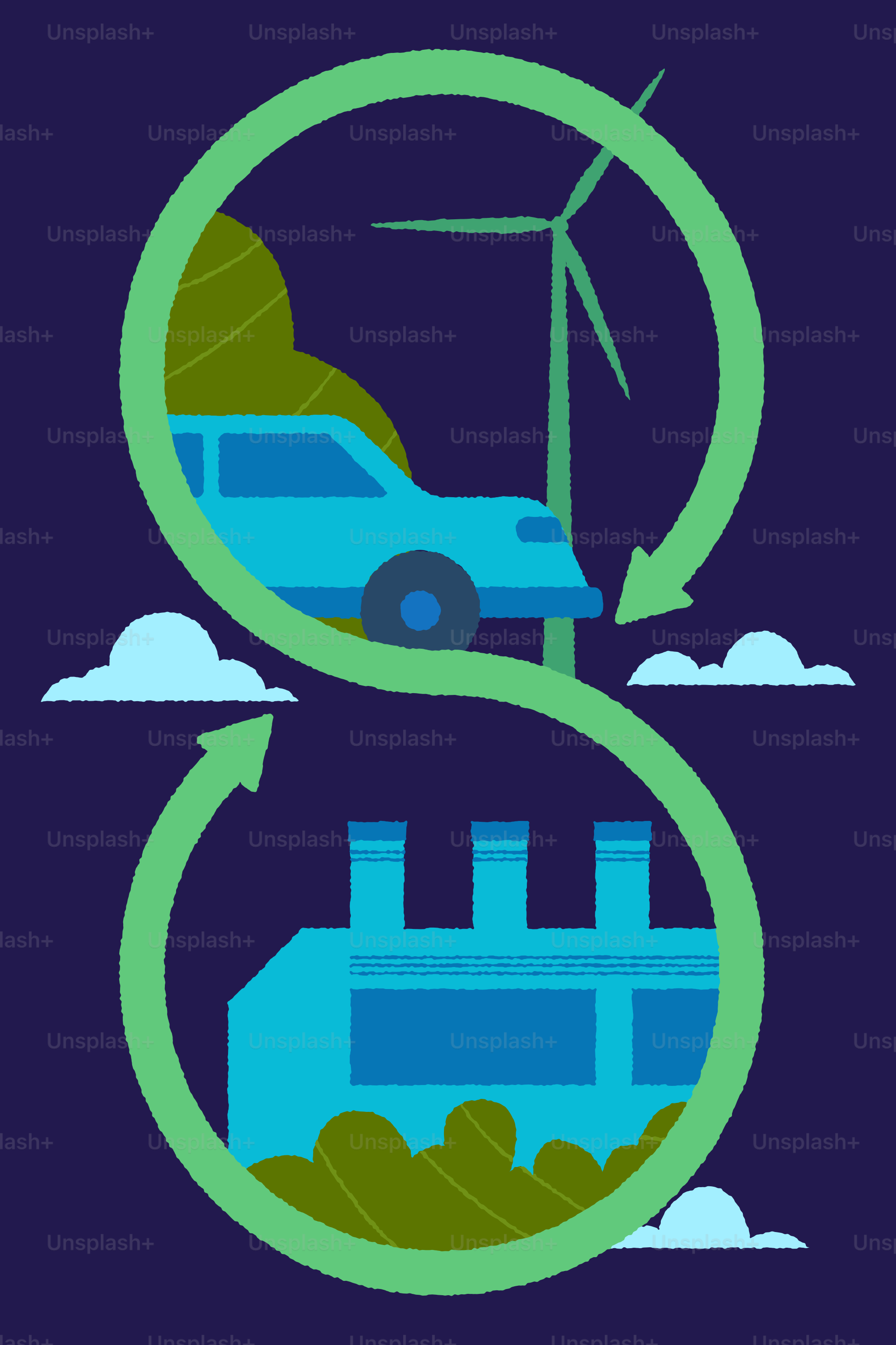 Sustainable energy cycle with car, wind turbine, and factory.
