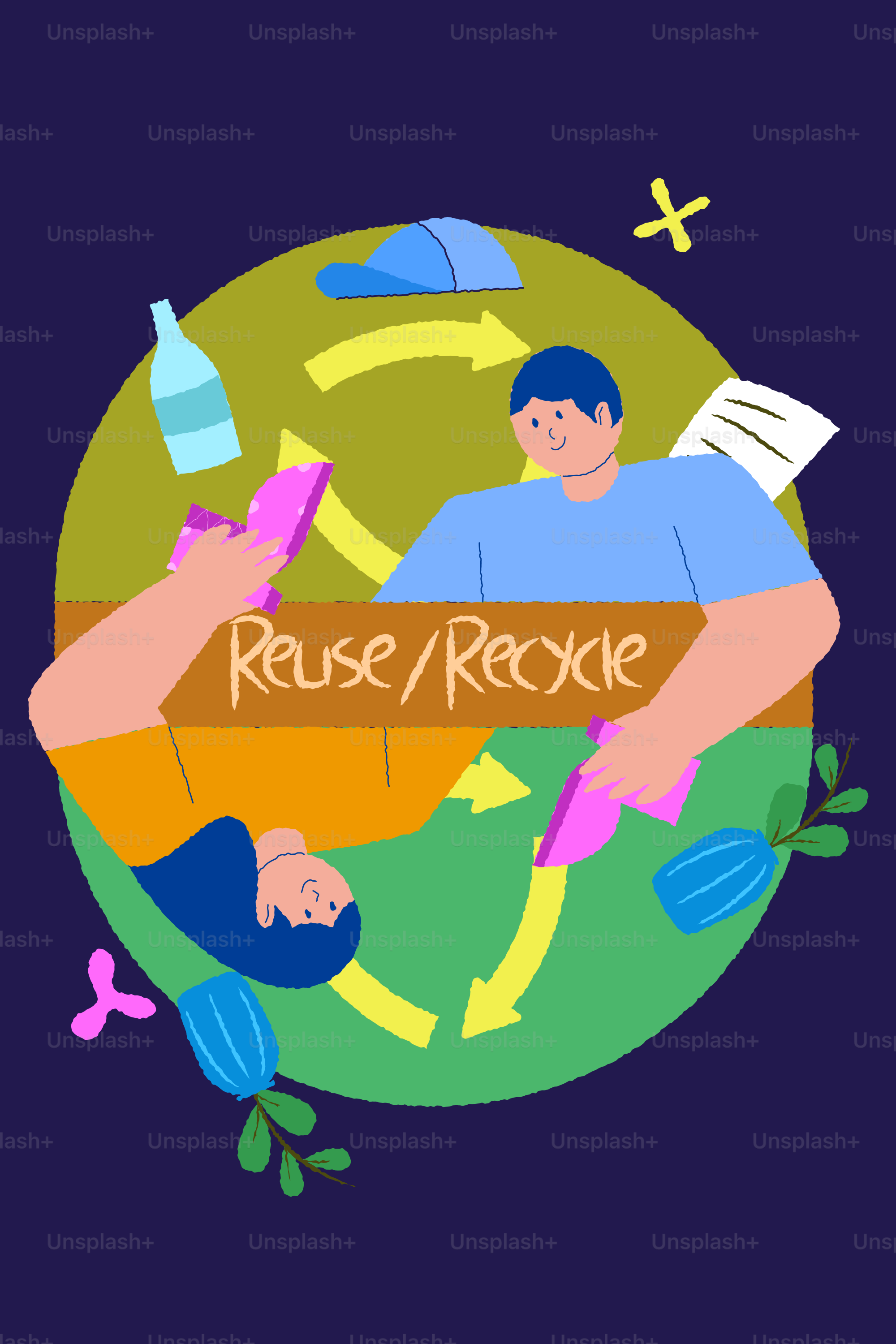 Des gens qui réutilisent et recyclent des objets avec des plantes et des plantes.