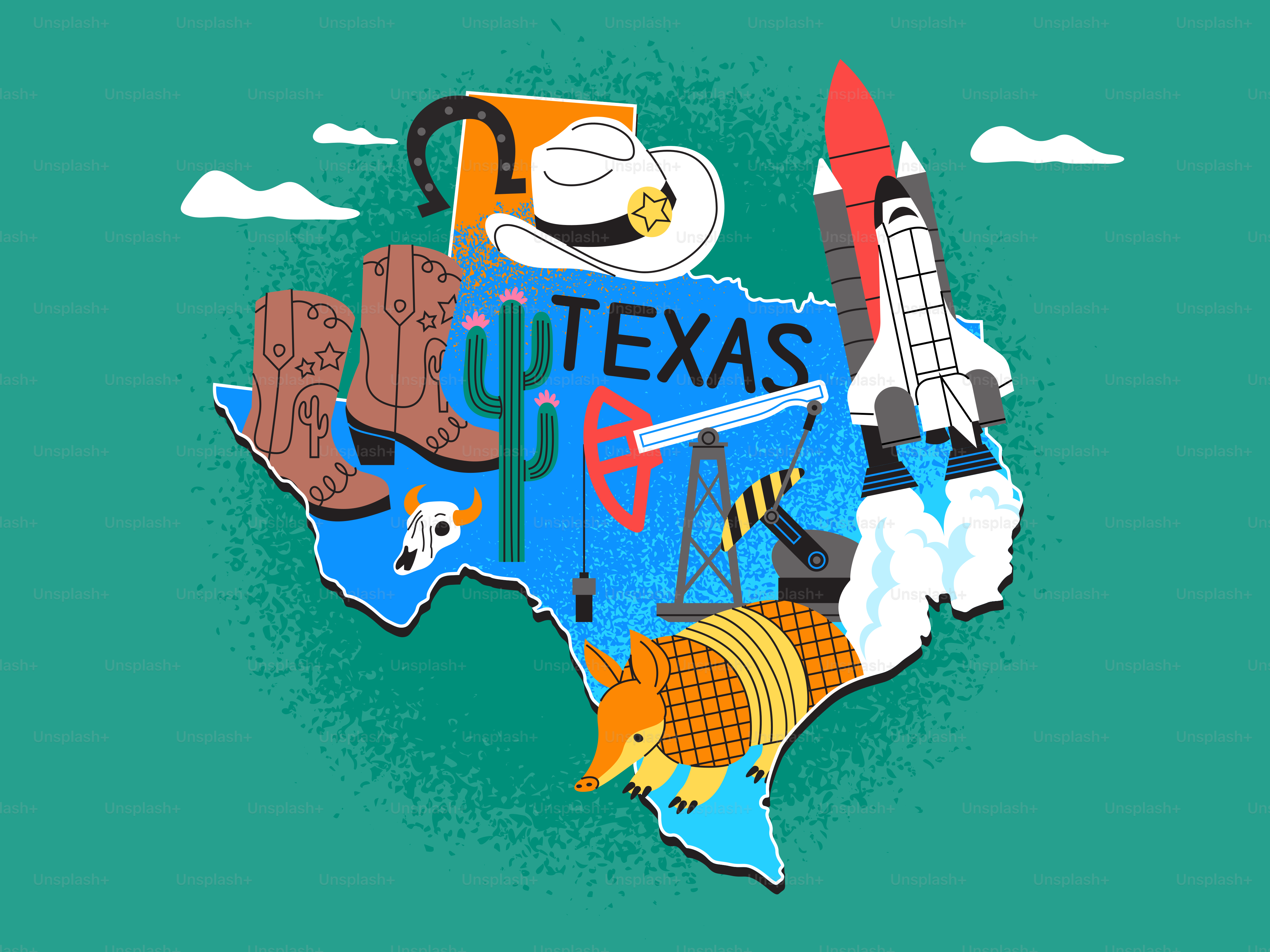 Texas map with cowboy hat, boots, rocket, and armadillo