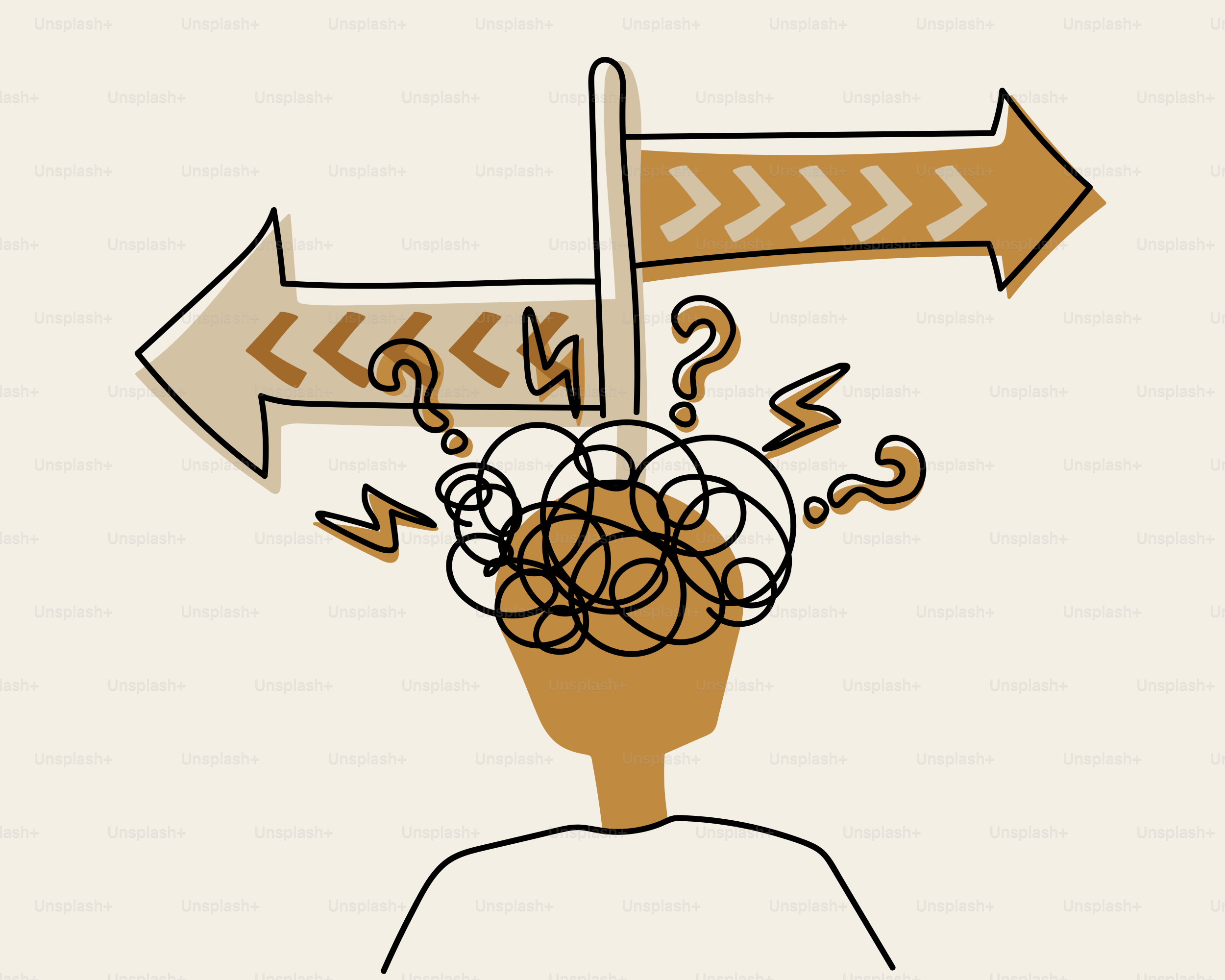 Person confused at a crossroads with question marks.