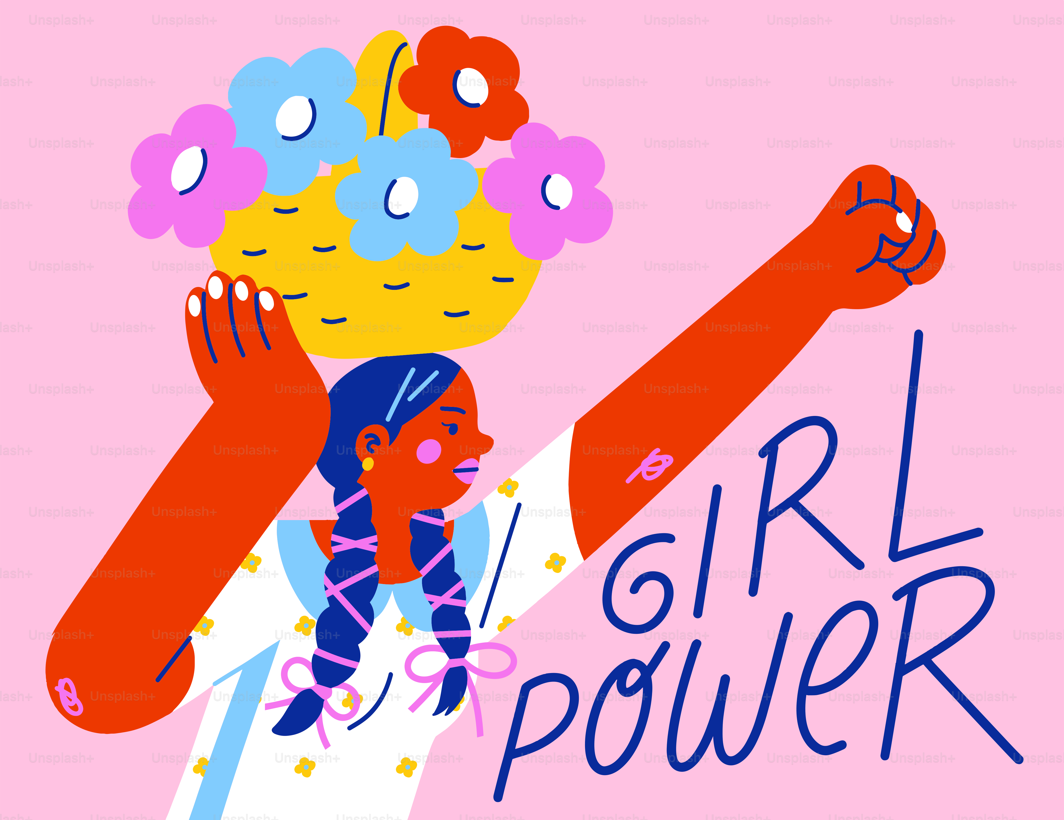 Girl carrying flowers with "girl power" text