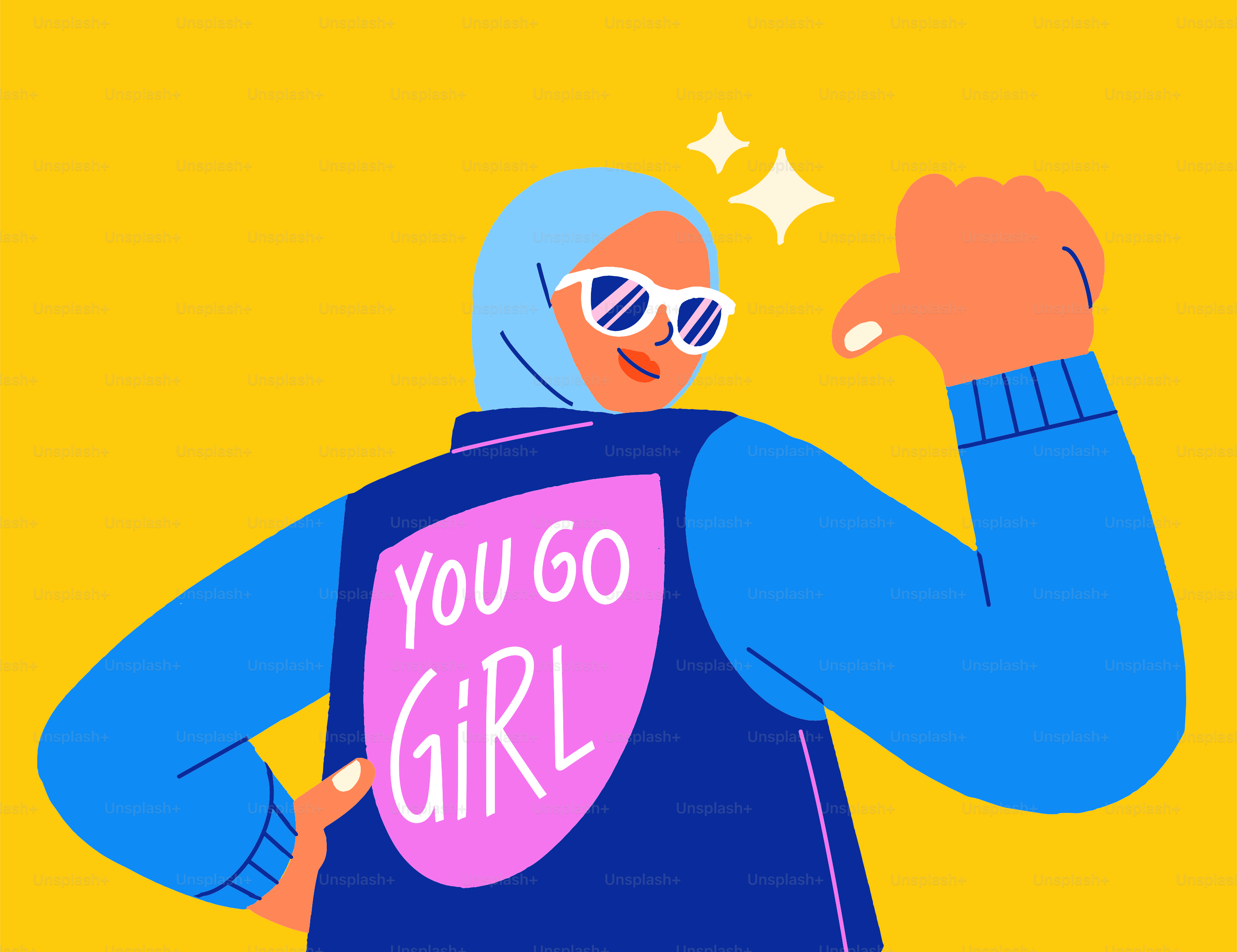 Woman in hijab and sunglasses gives thumbs up.