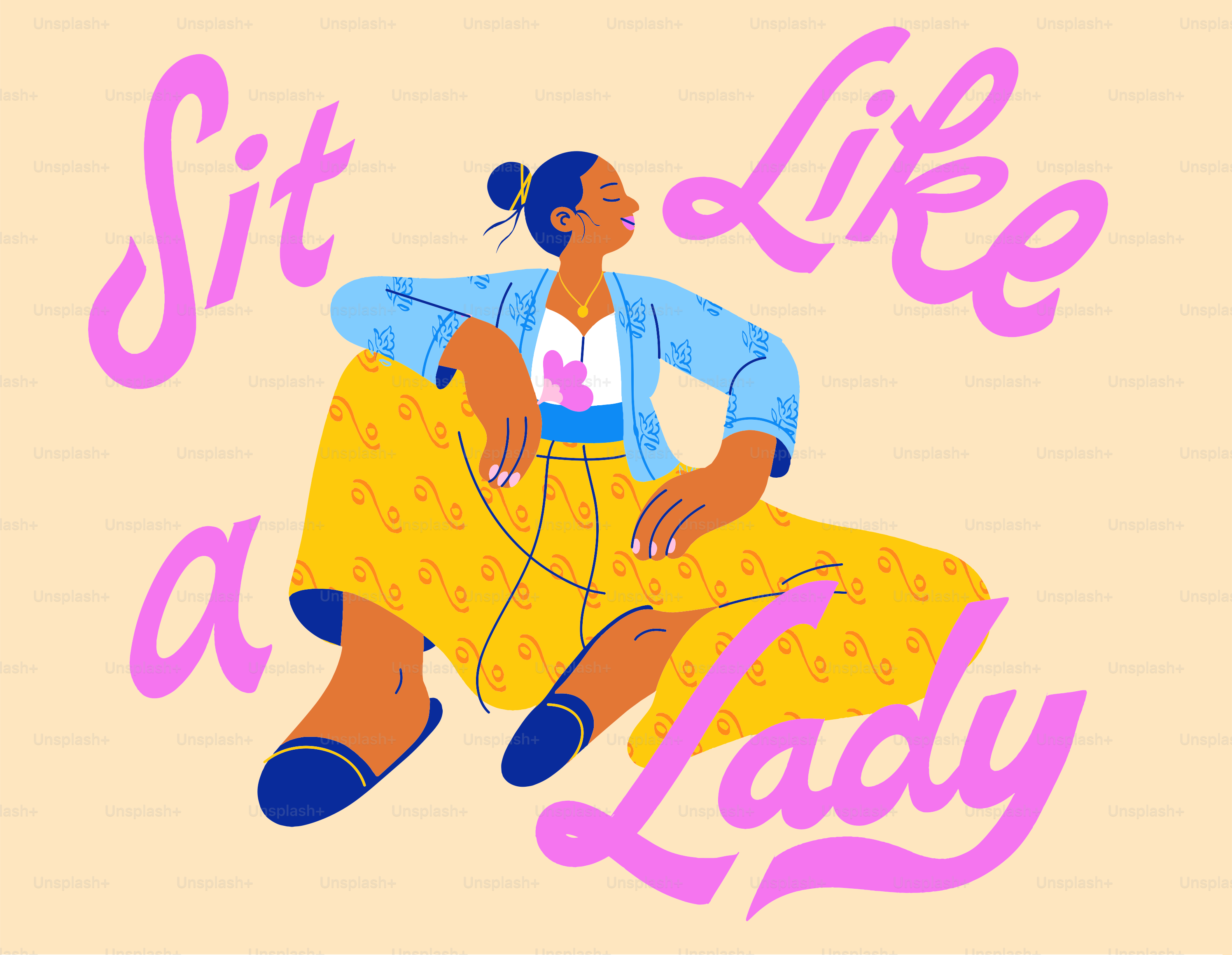 Mulher sentada em uma pose relaxada com texto