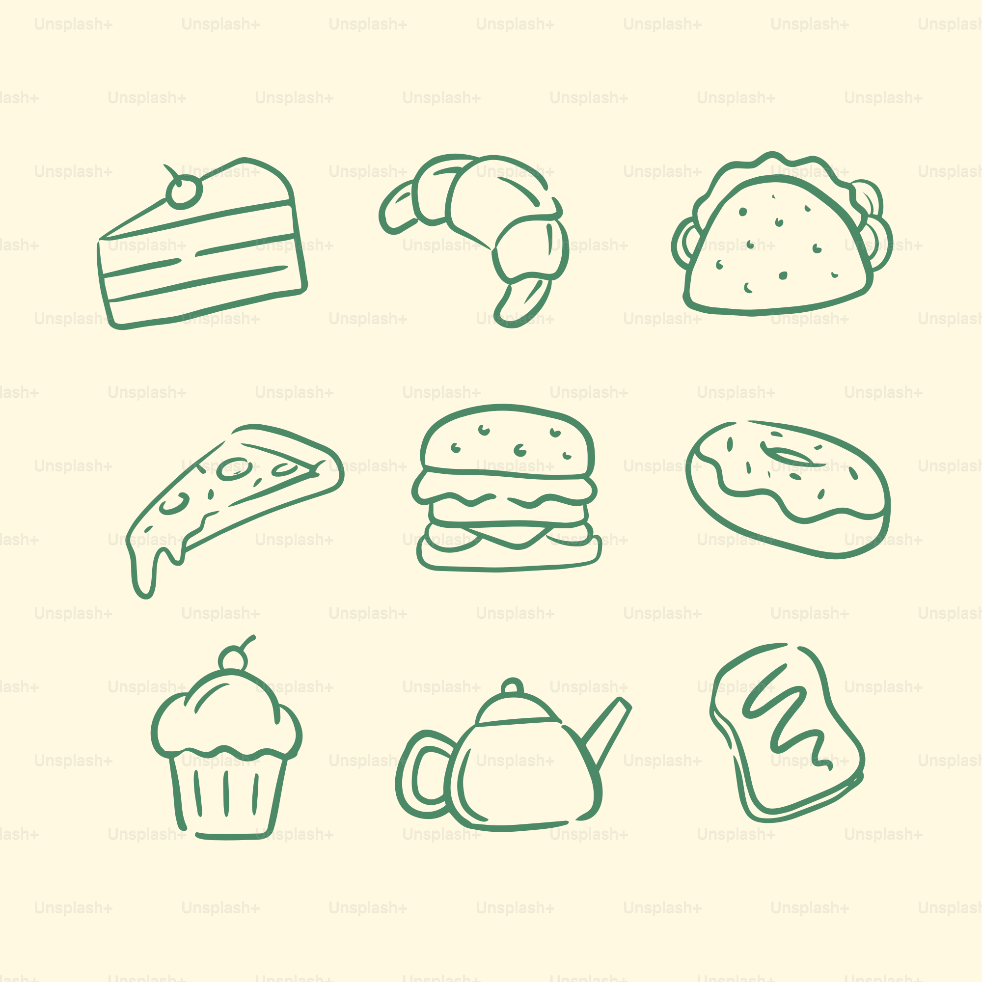 Sammlung von Doodle-Stil Essensgegenständen auf cremefarbenem Hintergrund