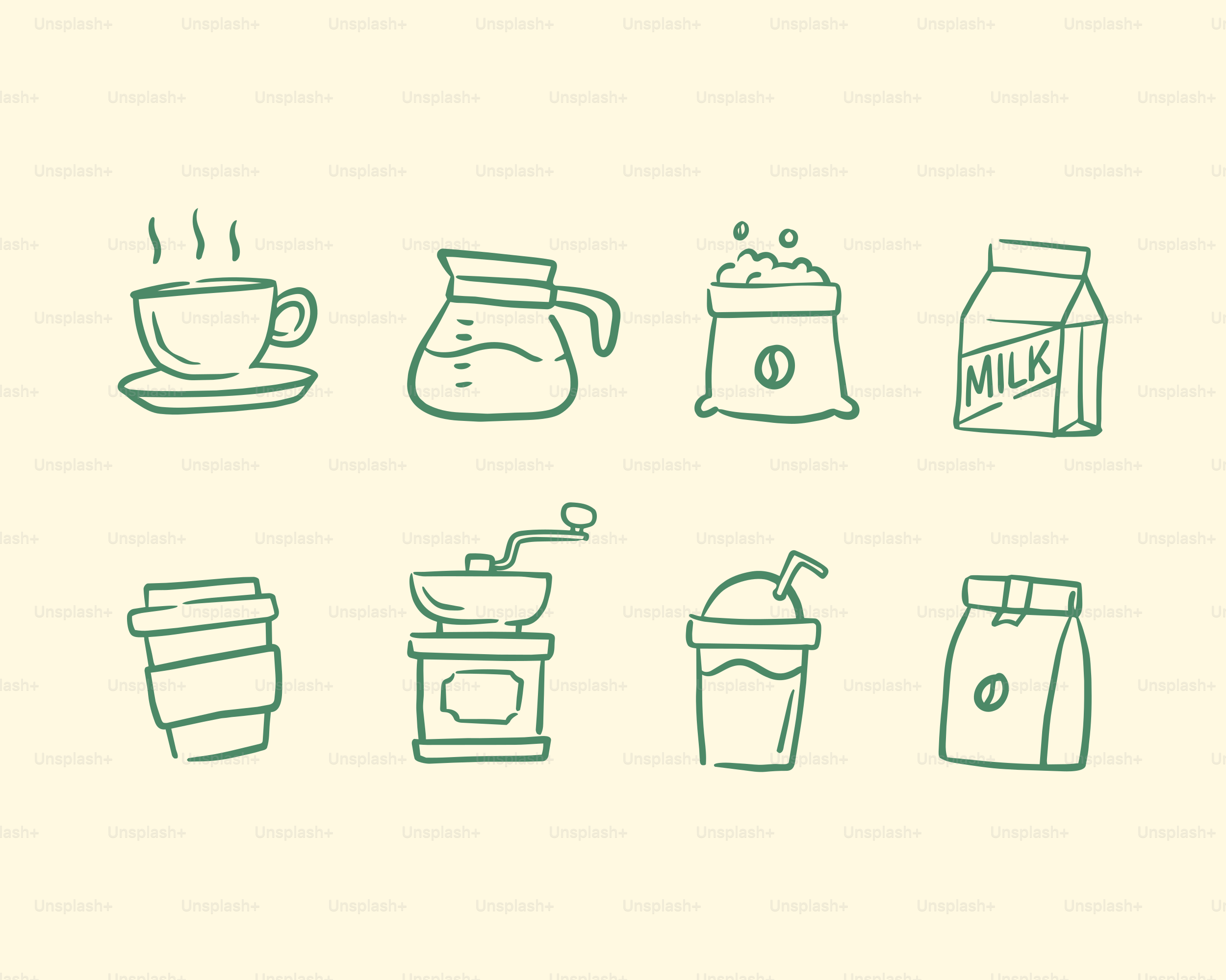Coffee related items in a doodle style