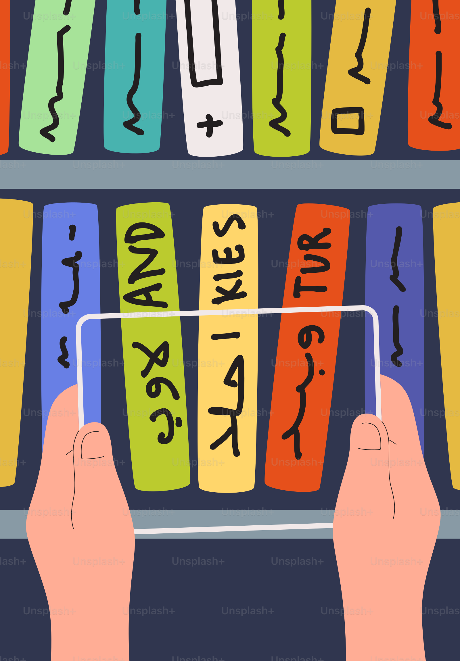 Hands holding phone scanning books on a shelf.