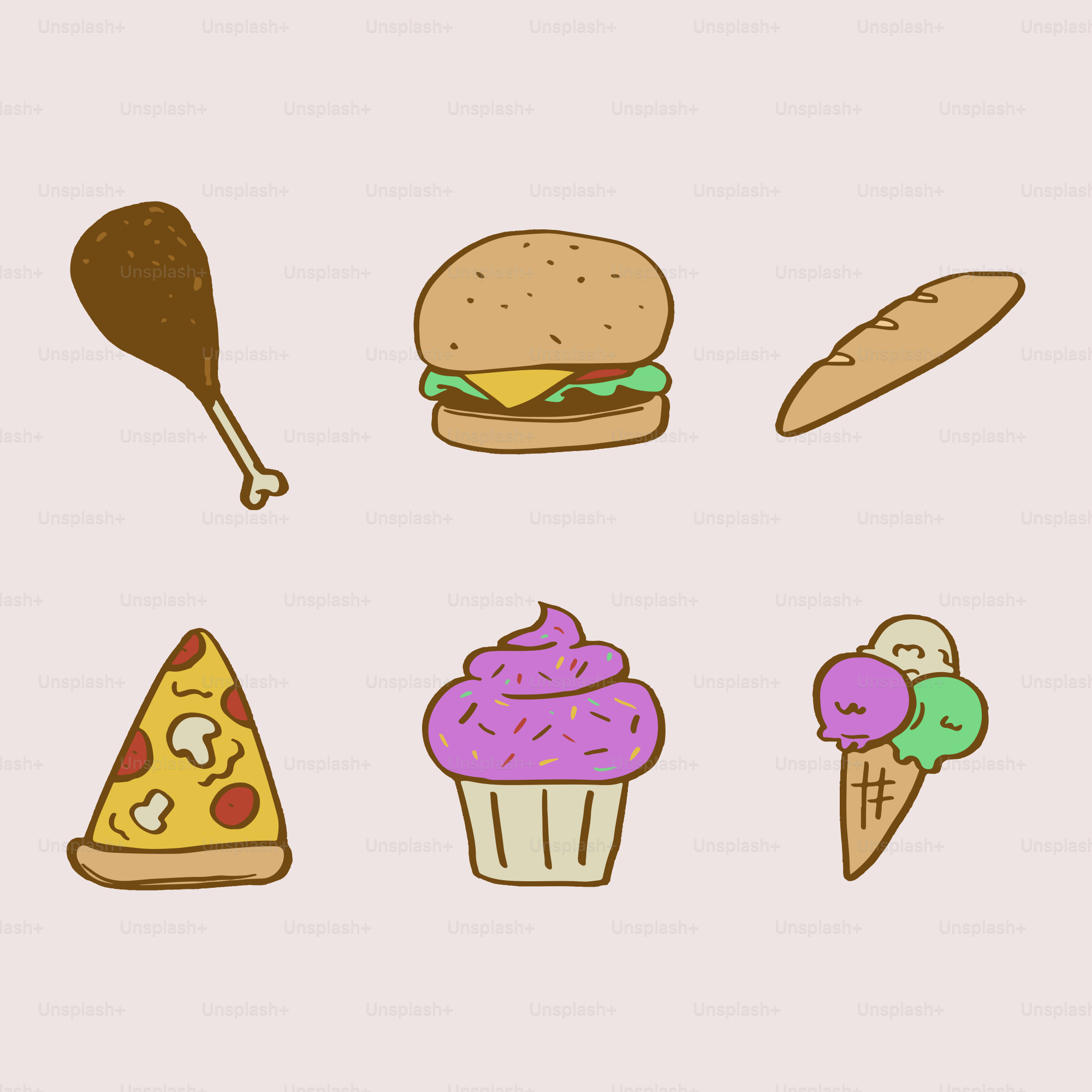 Variedad de comida rápida y postres sobre fondo claro