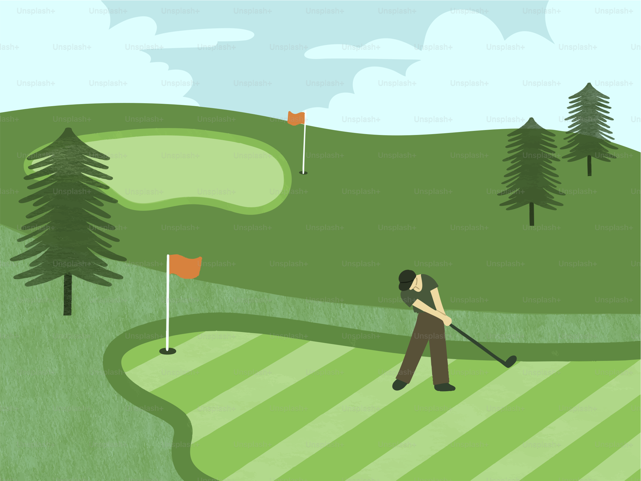 Golfer swings club on a green golf course.