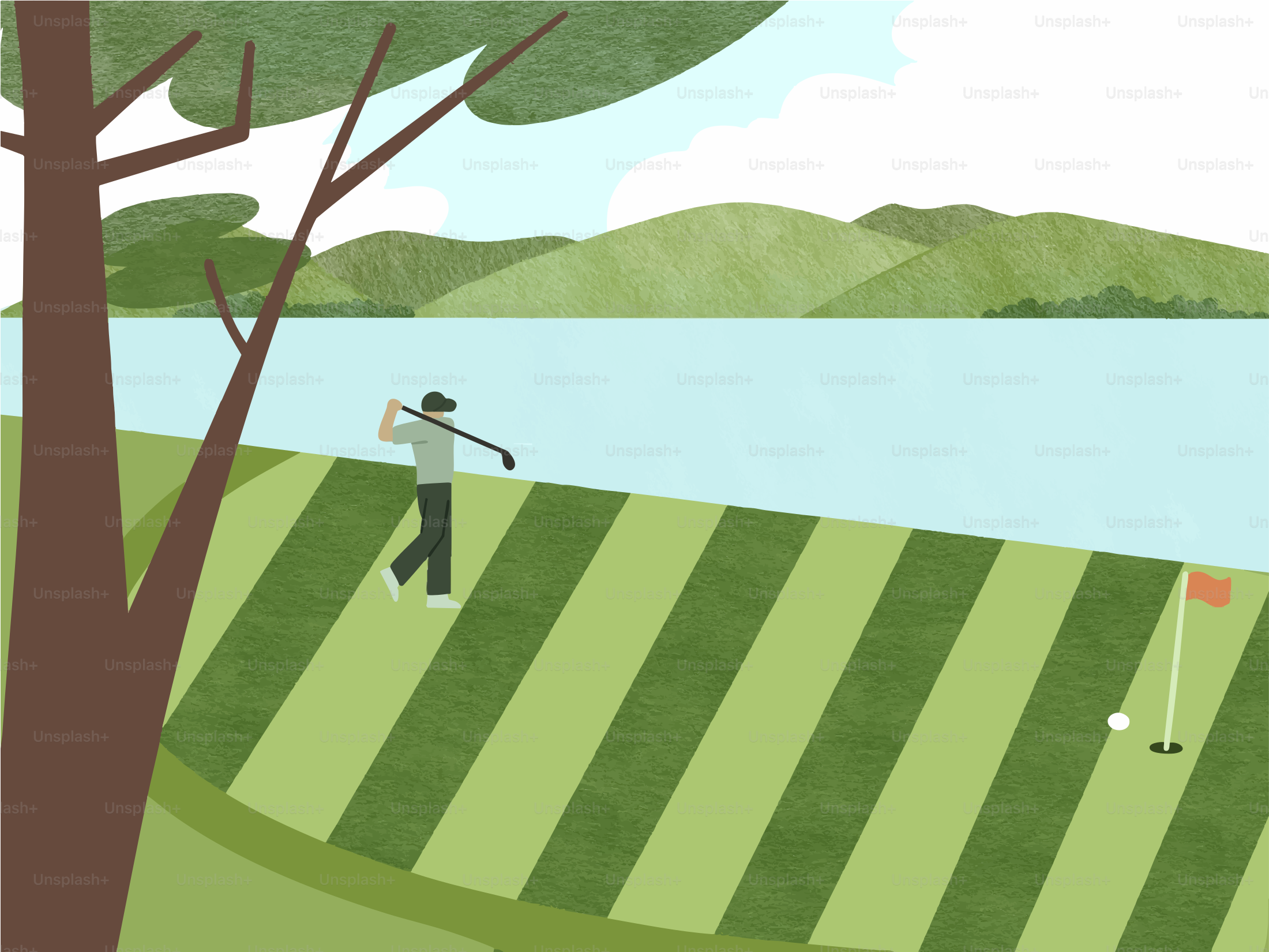 Golfer swings club on a green course near water.